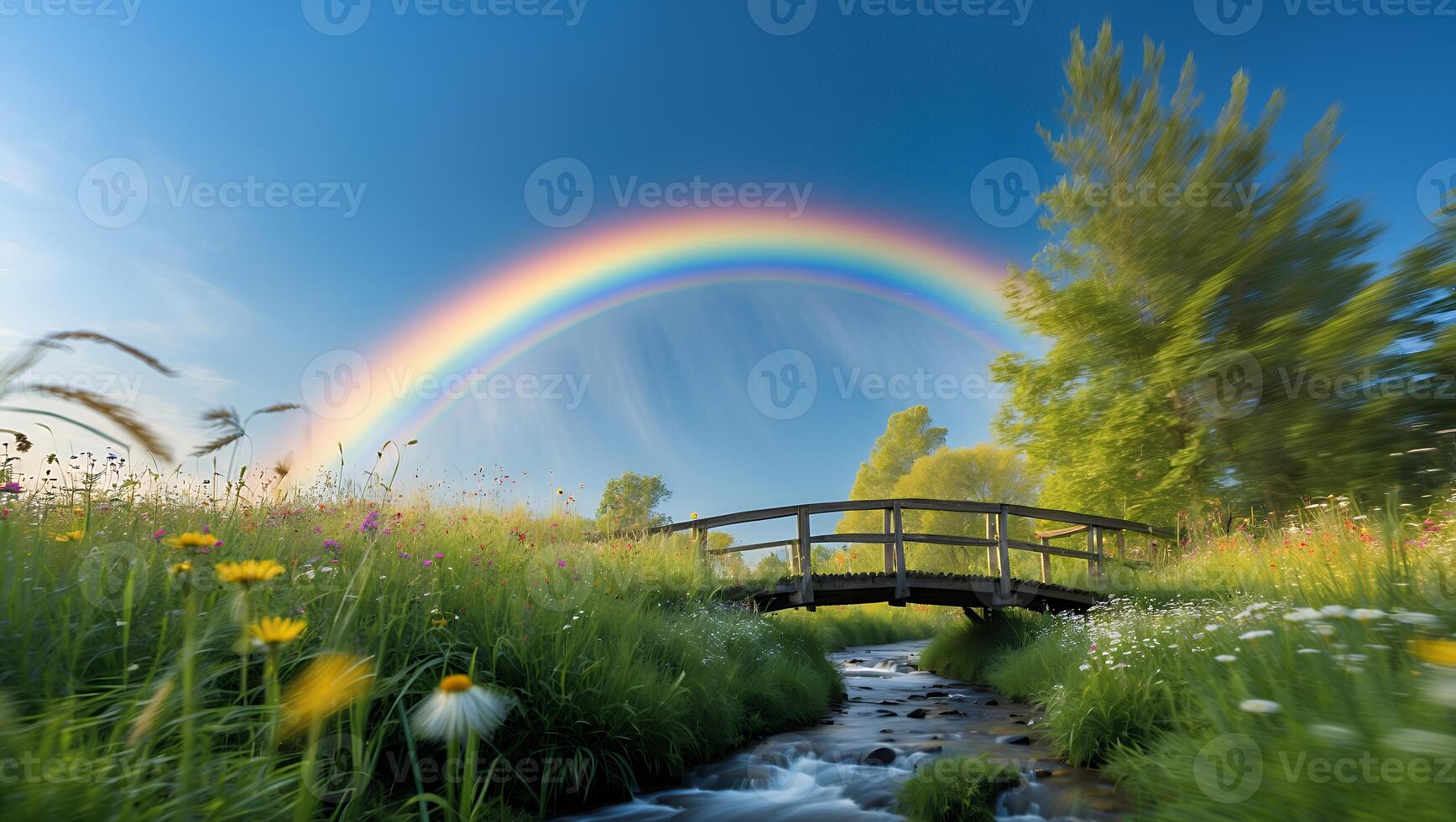 Walking Wooden Bridge Across Flowing Stream with Rainbow and Meadow photo