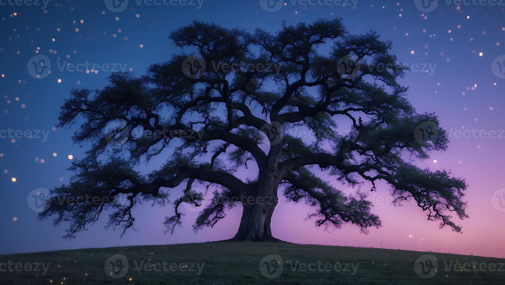 Majestic Tree Silhouette on Hilltop at Dusk with Starry Sky Backdrop photo