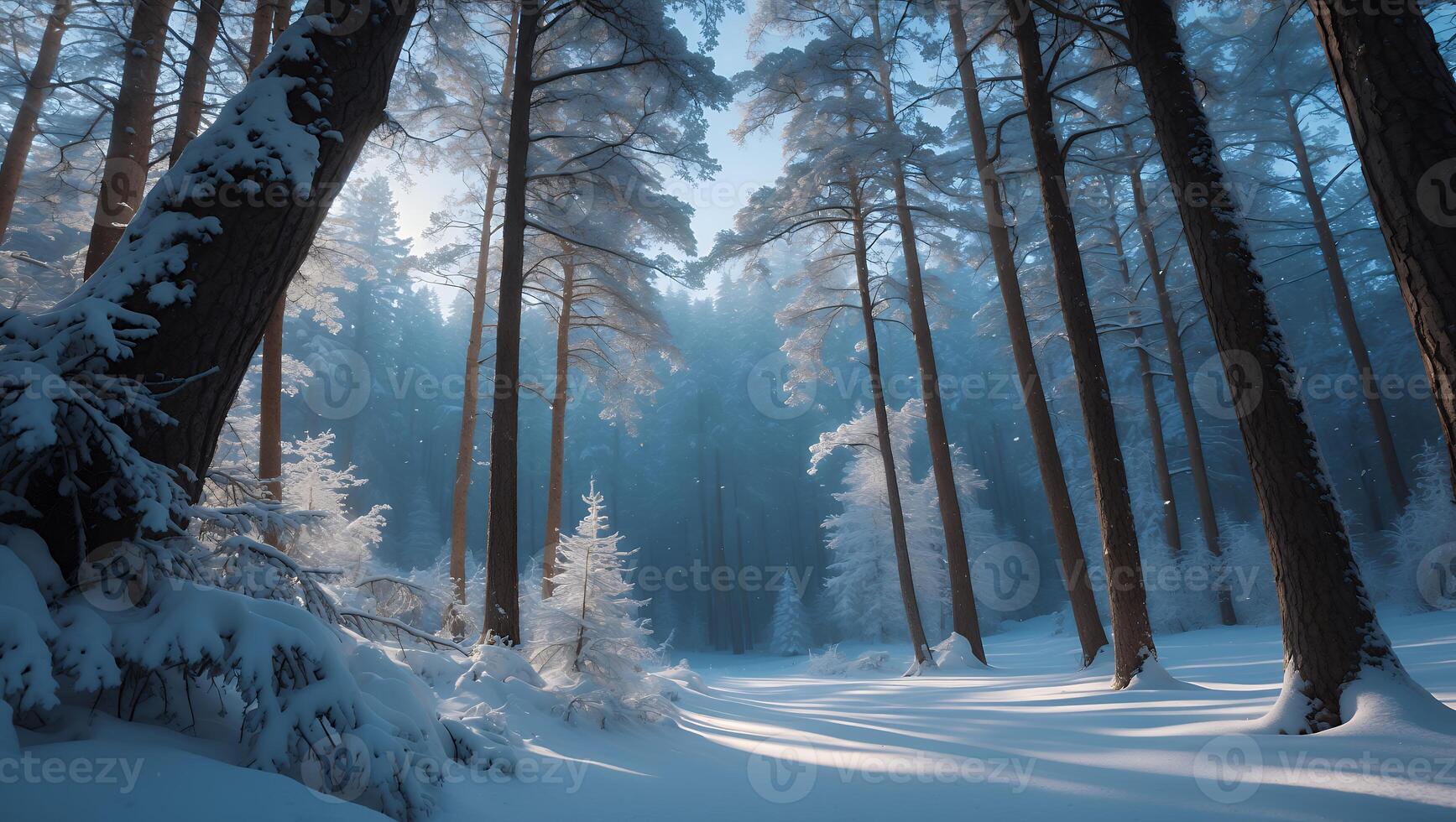 Snowy Forest Landscape with Tall Trees and Sunlight in Winter photo