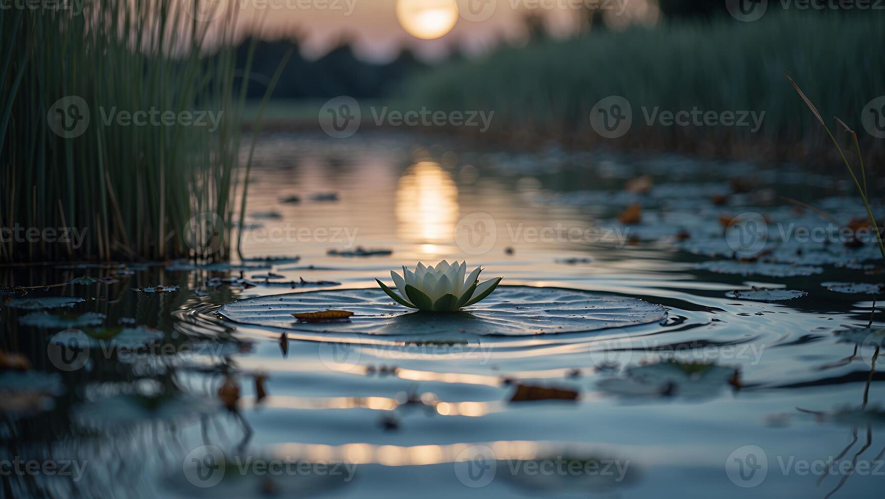 Water Lily Floating on Pond During Golden Hour with Soft Light photo