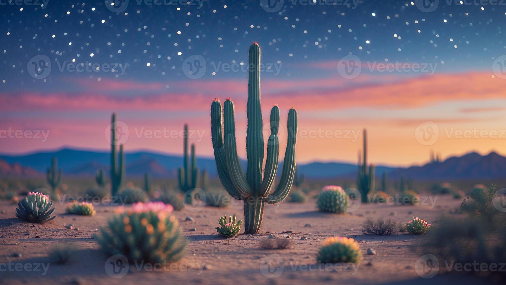 Desert Cactus Landscape at Dusk with Stars and Colorful Sky photo