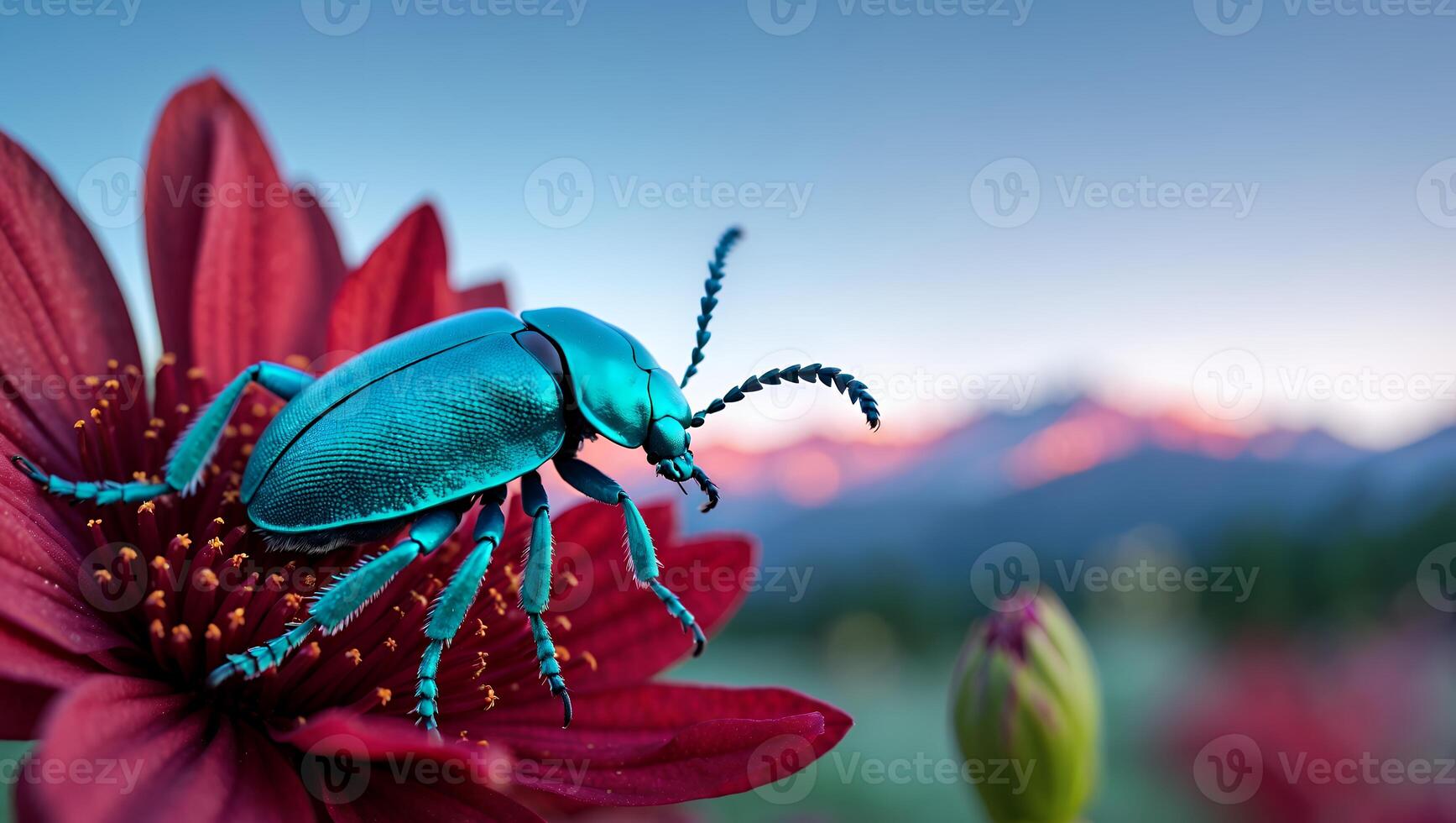 Iridescent Beetle Resting on Red Flower with Mountain View Background photo