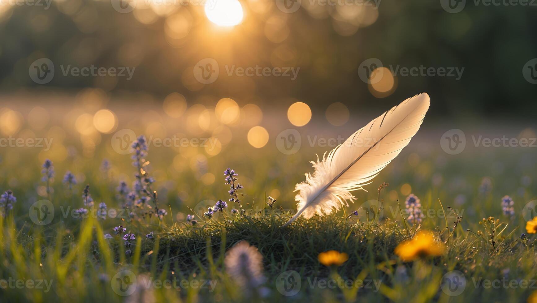 Feather Resting on Grass with Wildflowers at Golden Hour Sunset photo