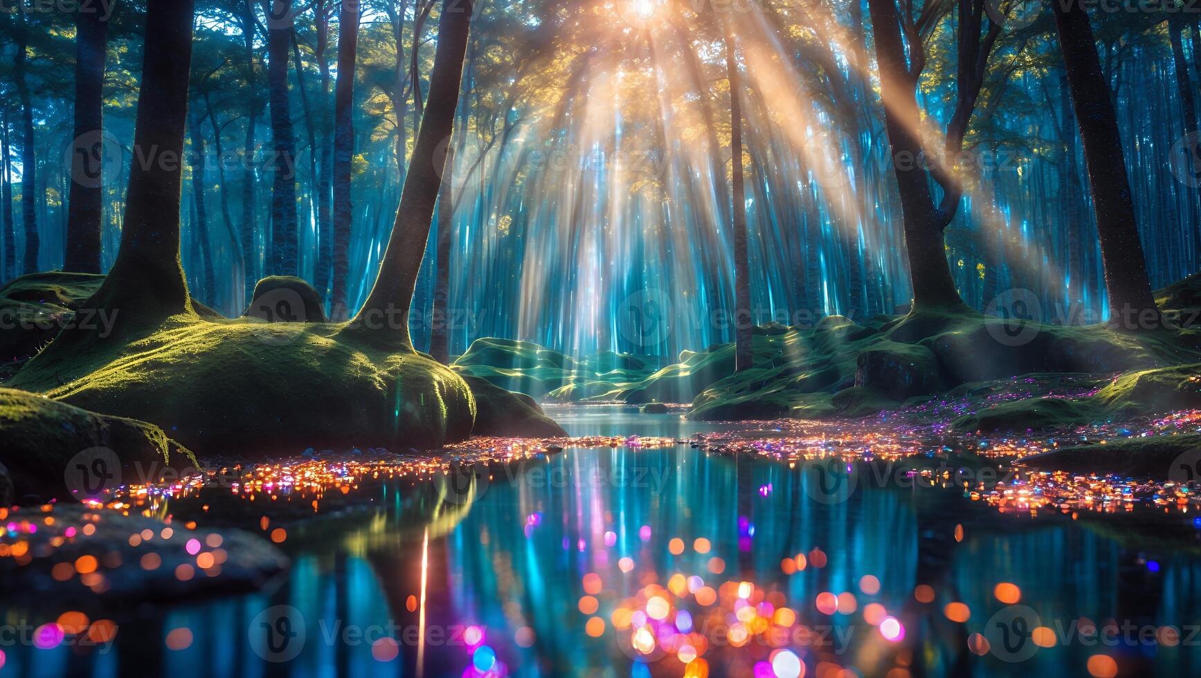 Sunlight Streaming Through Forest with Water Reflections and Mossy Rocks photo