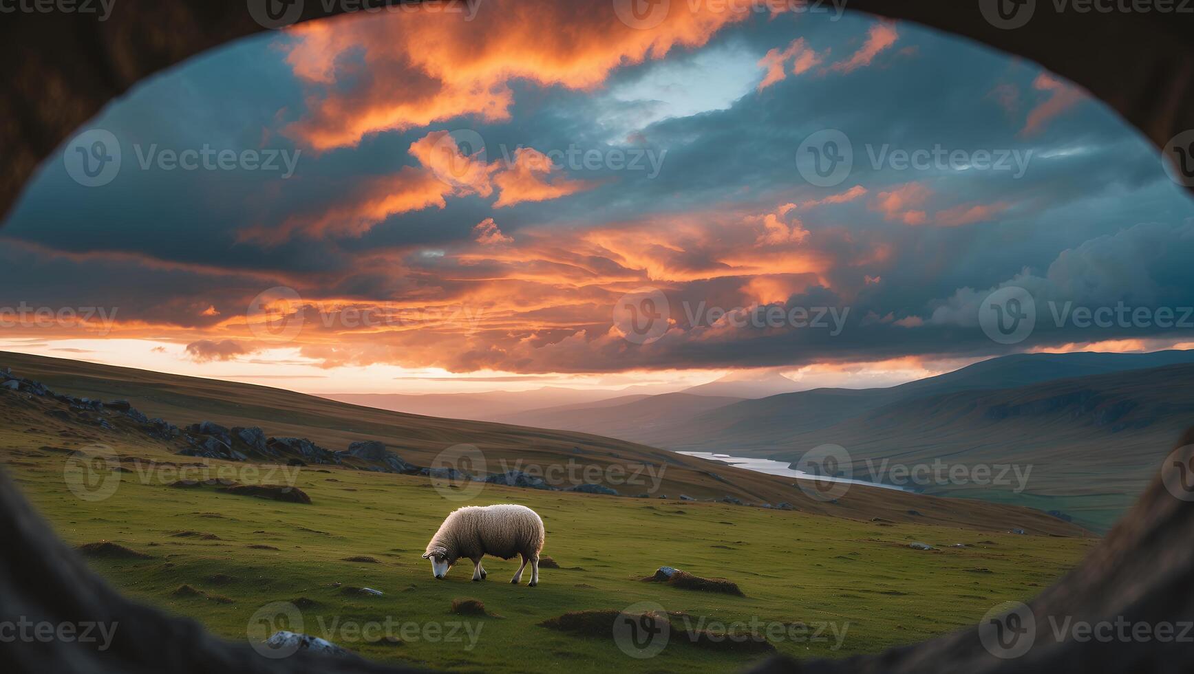 Sheep Grazing on Hillside at Sunset Framed by Stone Arch photo