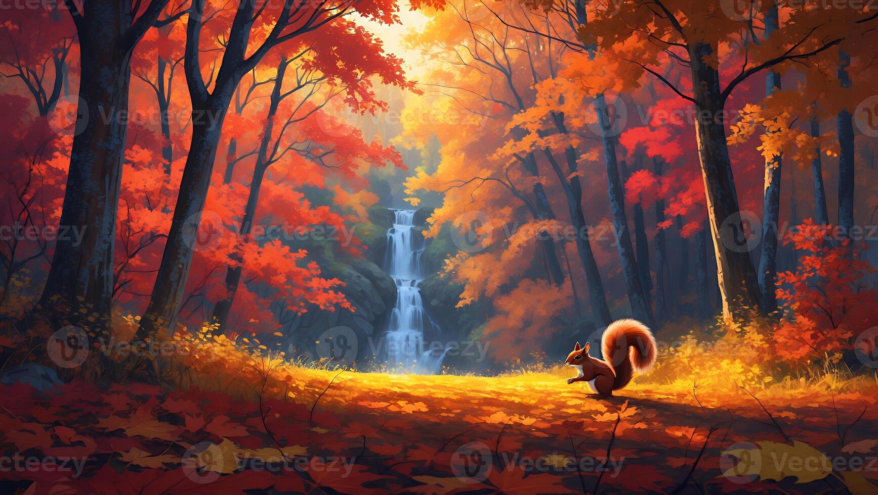 Squirrel in Autumn Forest Near Waterfall with Orange Leaves photo
