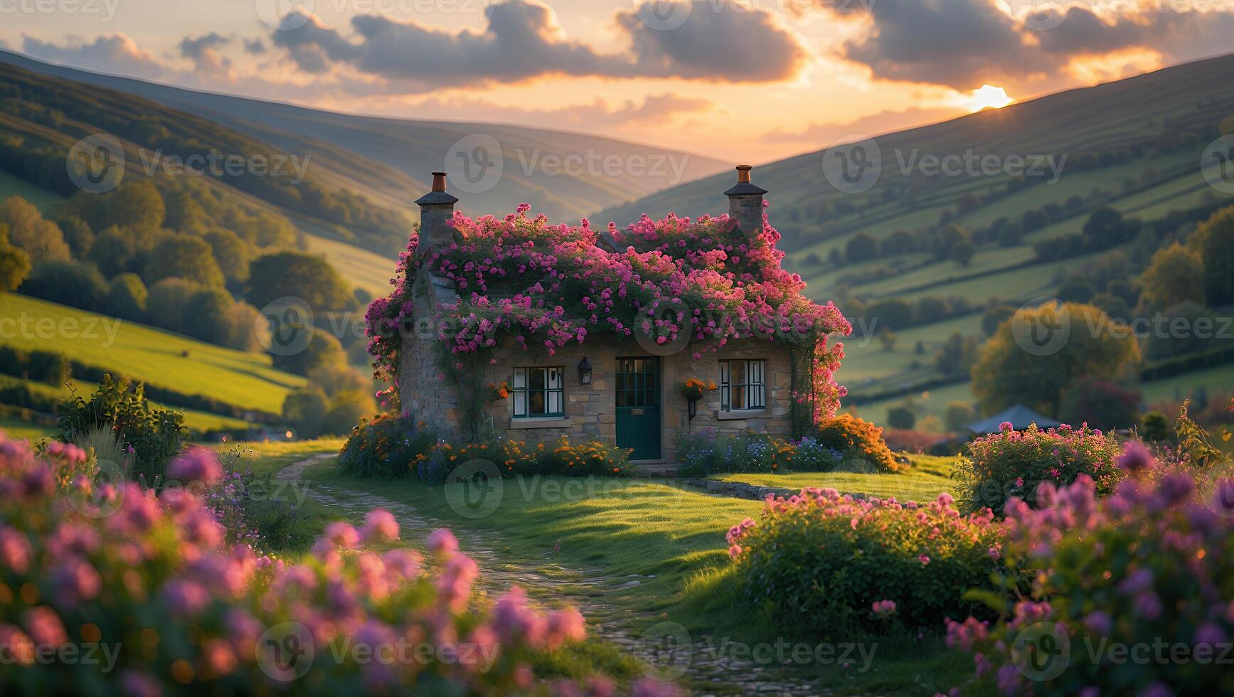 Charming Cottage Covered in Flowers with Rolling Hills at Sunset photo