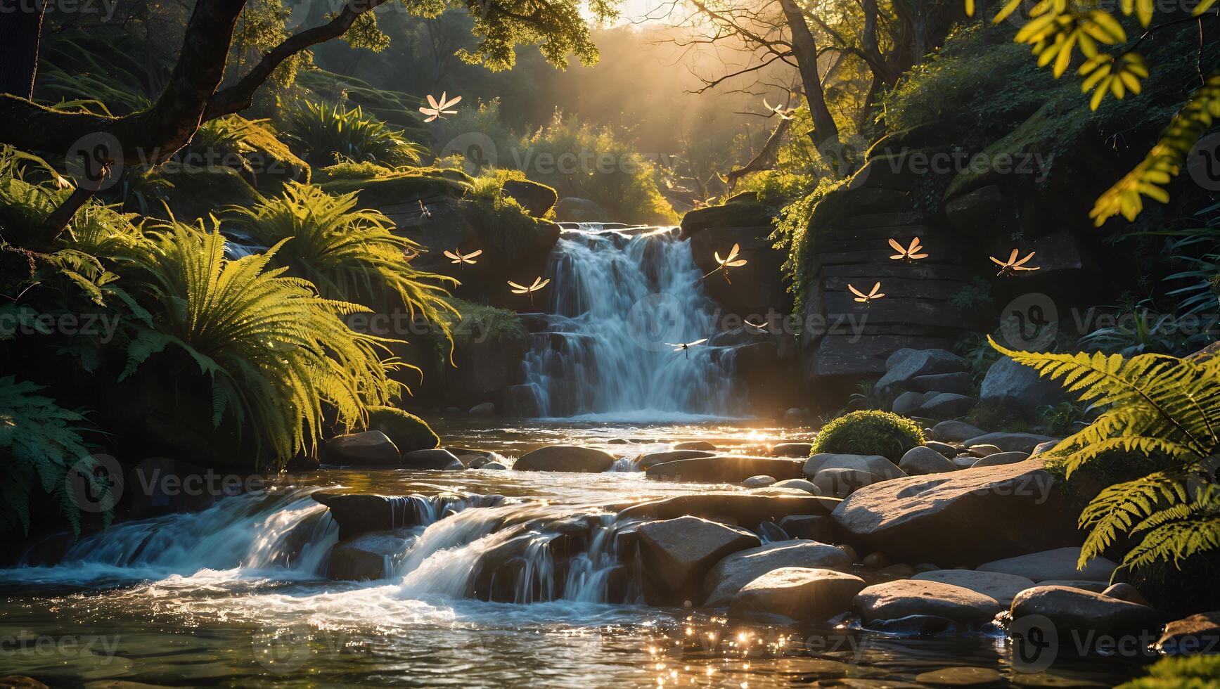 Waterfall Flowing Through Forest with Fireflies at Sunset Beautiful Scenery photo