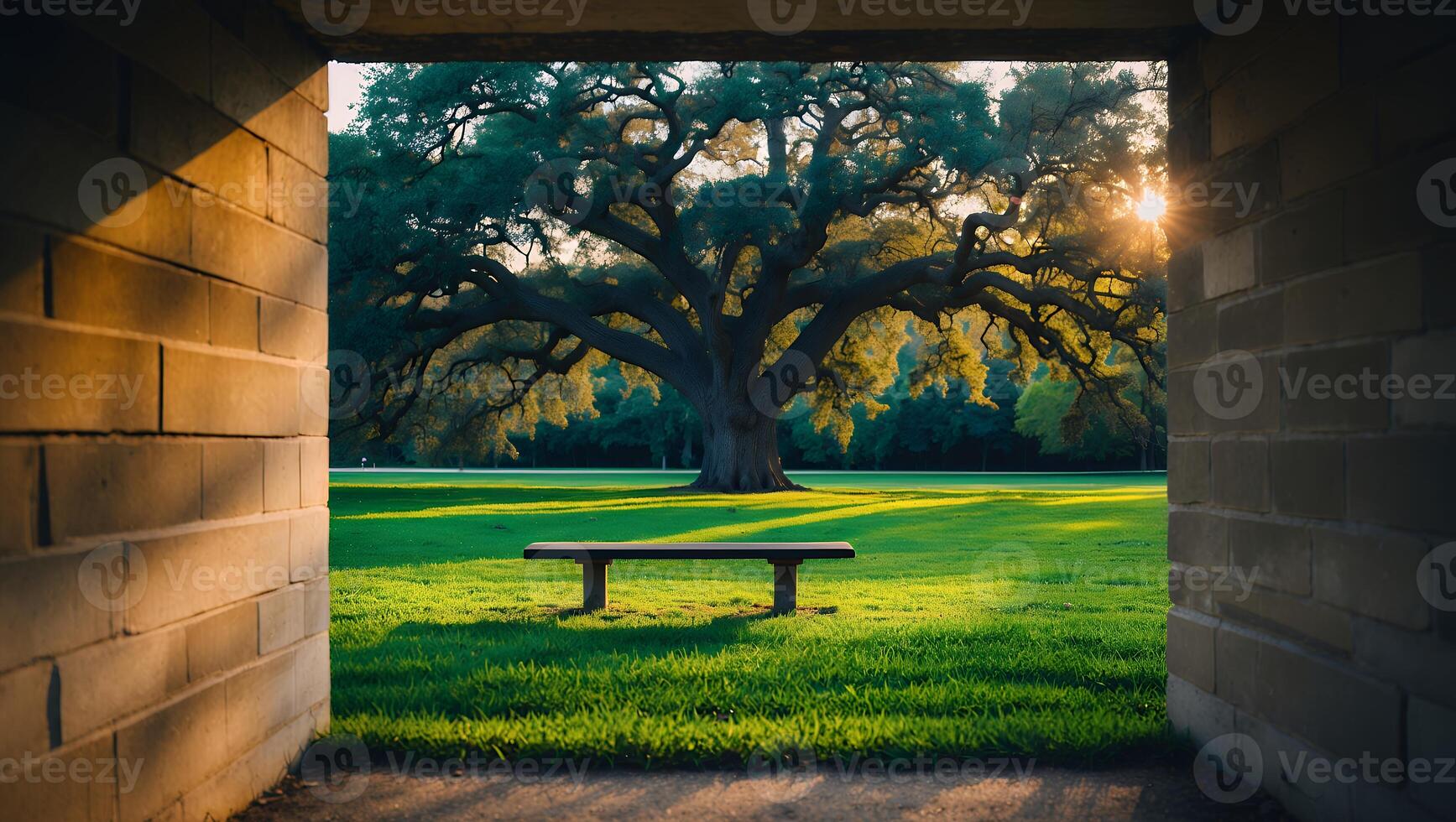 Viewing a Large Tree and Bench Through a Brick Structure Opening photo