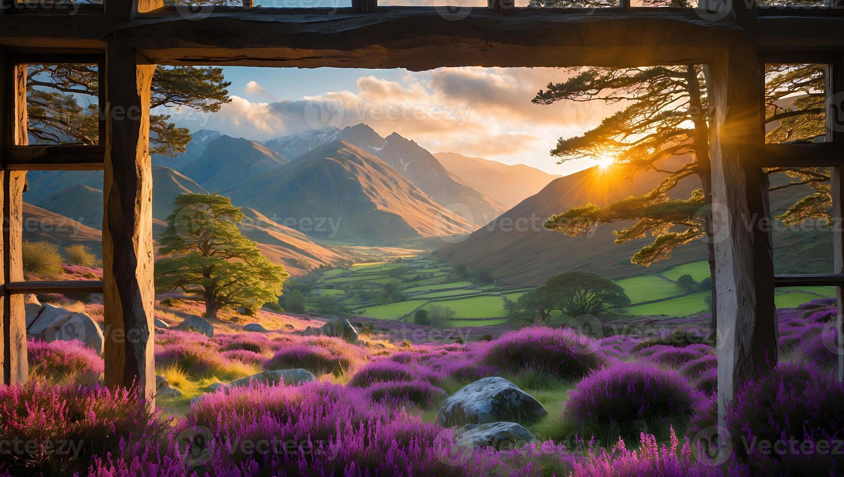 Viewing Mountain Valley Landscape Through Wooden Frame During Sunset photo