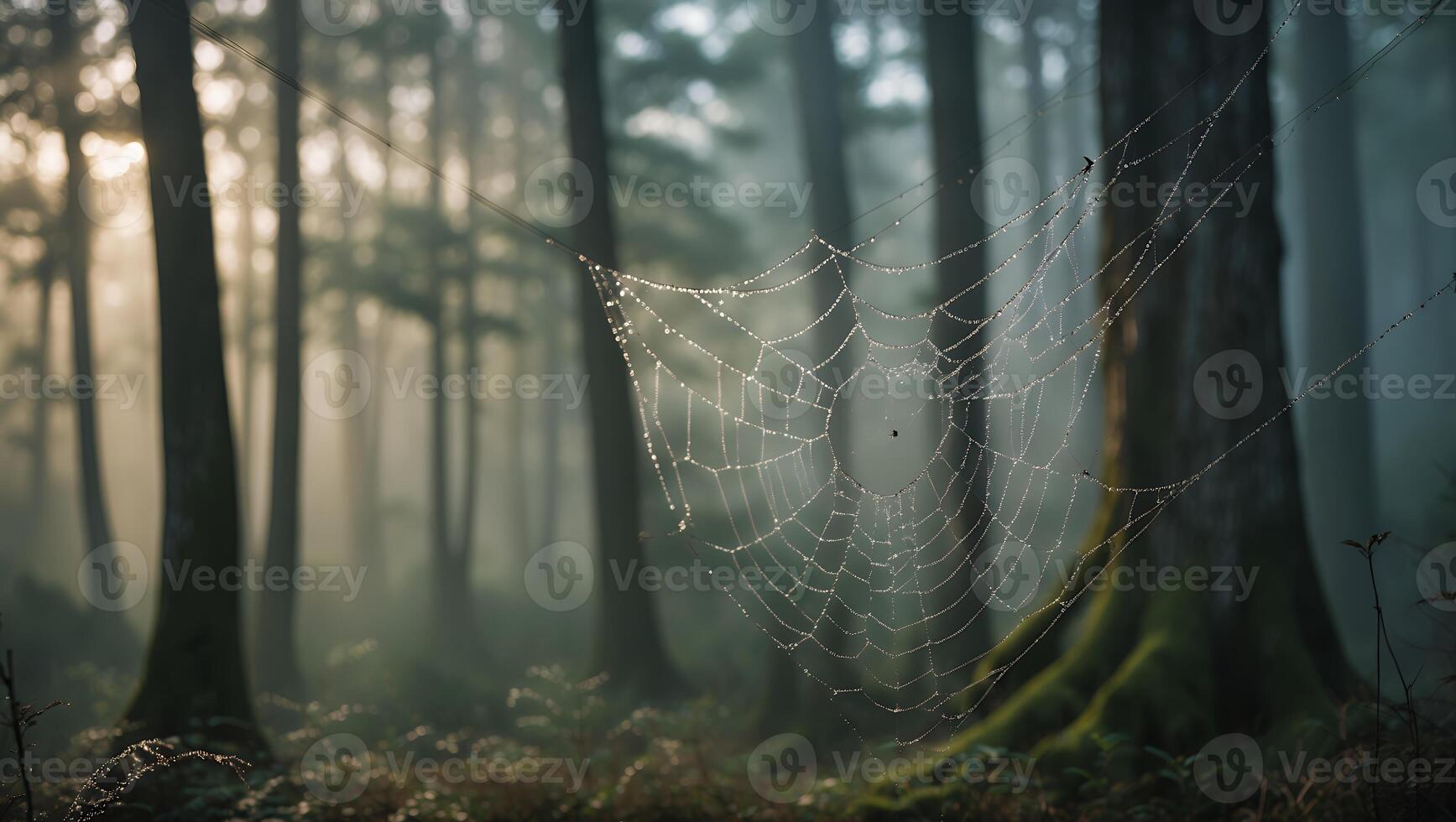Spiderweb Covered in Dewdrops Hanging in a Foggy Forest Scene photo