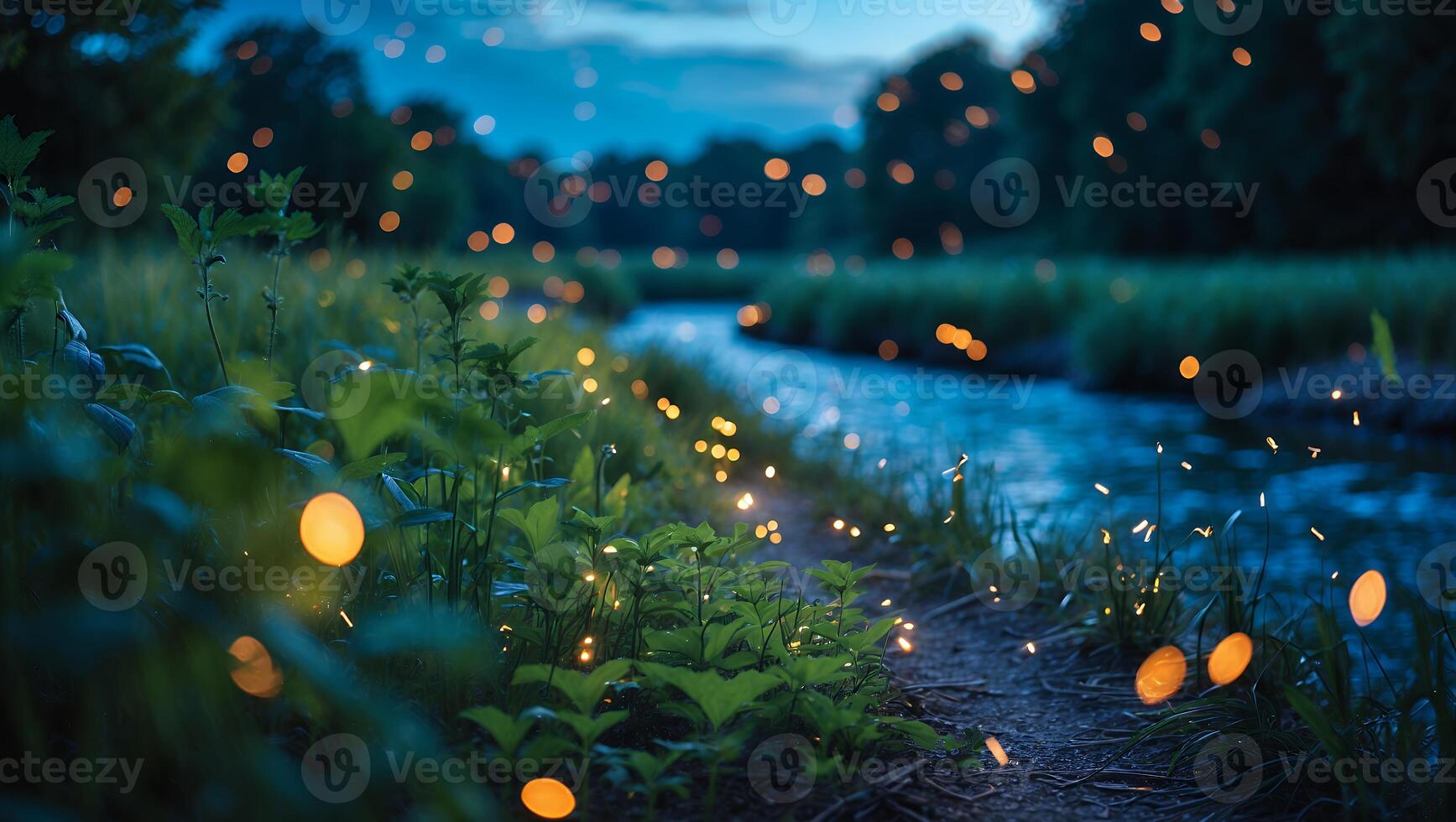 Fireflies Flying Near Creek at Night Creates Magical Summer Scene photo