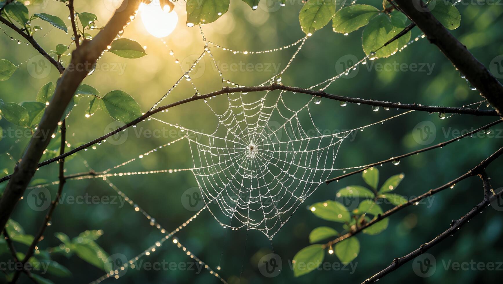 Spiderweb Covered in Dew in the Woods at Sunrise photo