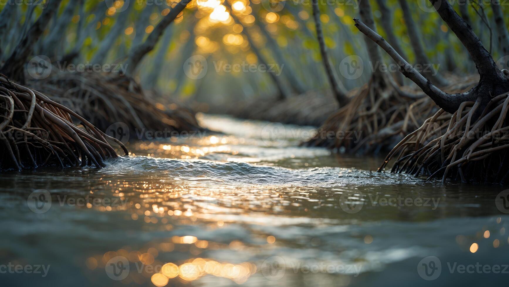 Water Flowing Through Mangrove Roots at Sunrise with Golden Light photo
