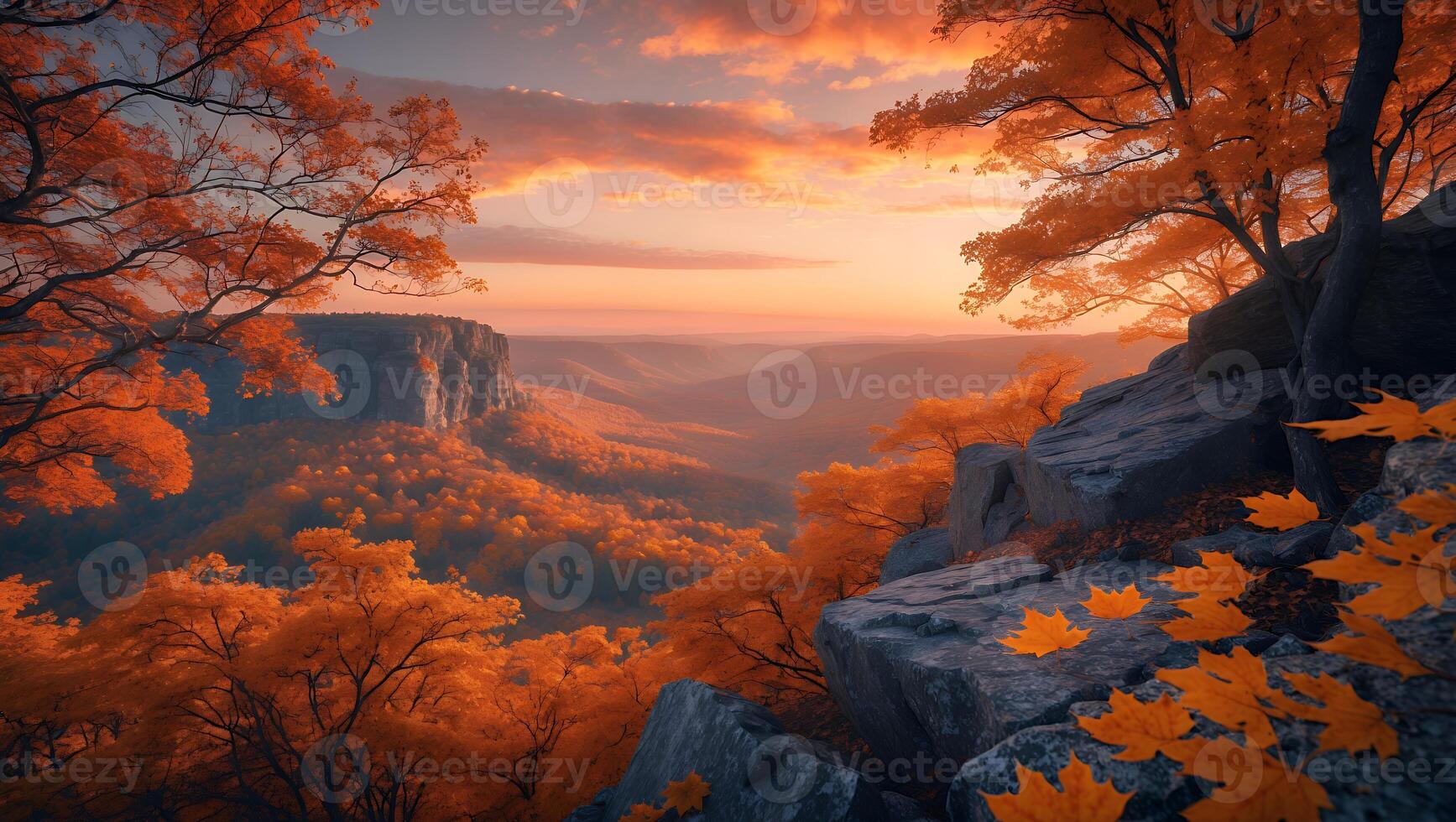 Autumn Landscape with Trees Rocks and Valley at Sunset photo