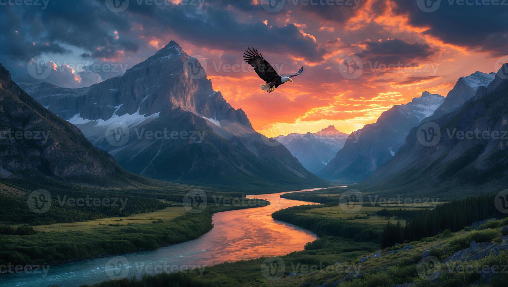Eagle Flying Over River Valley at Sunset with Mountain Backdrop photo