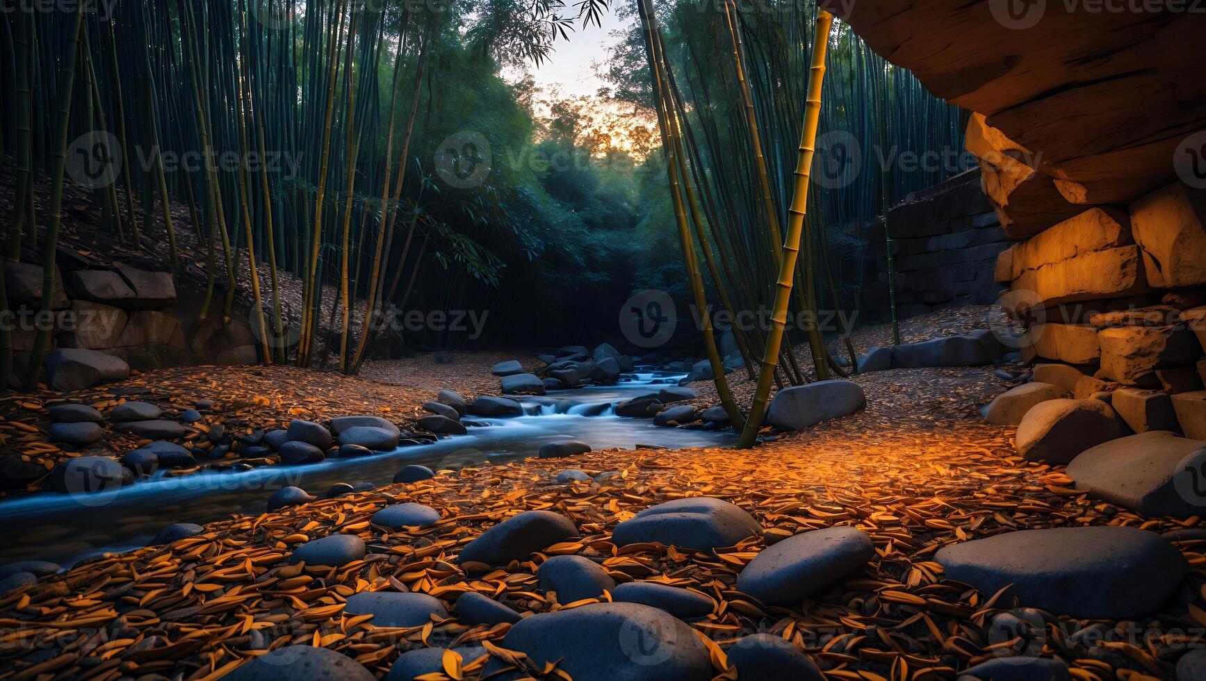 Stream Flowing Through Bamboo Forest with Rocky Landscape at Dusk photo