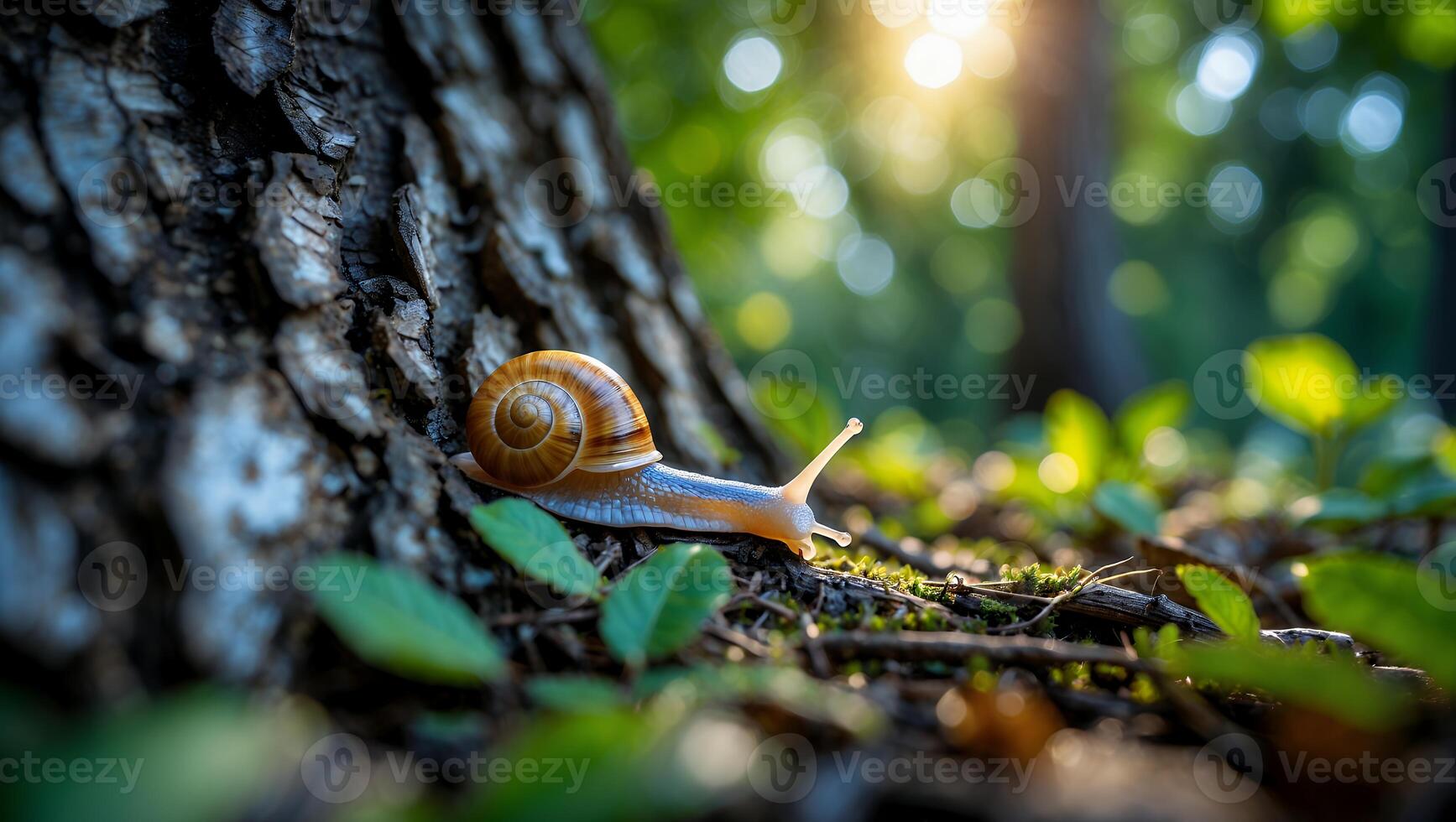 Snail Crawling on Tree Bark in Forest with Sunlight and Leaves photo