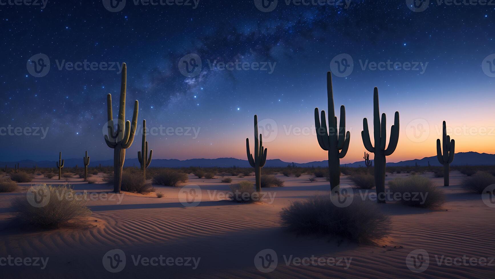 Cactus in Desert Under a Starry Night Sky Landscape photo
