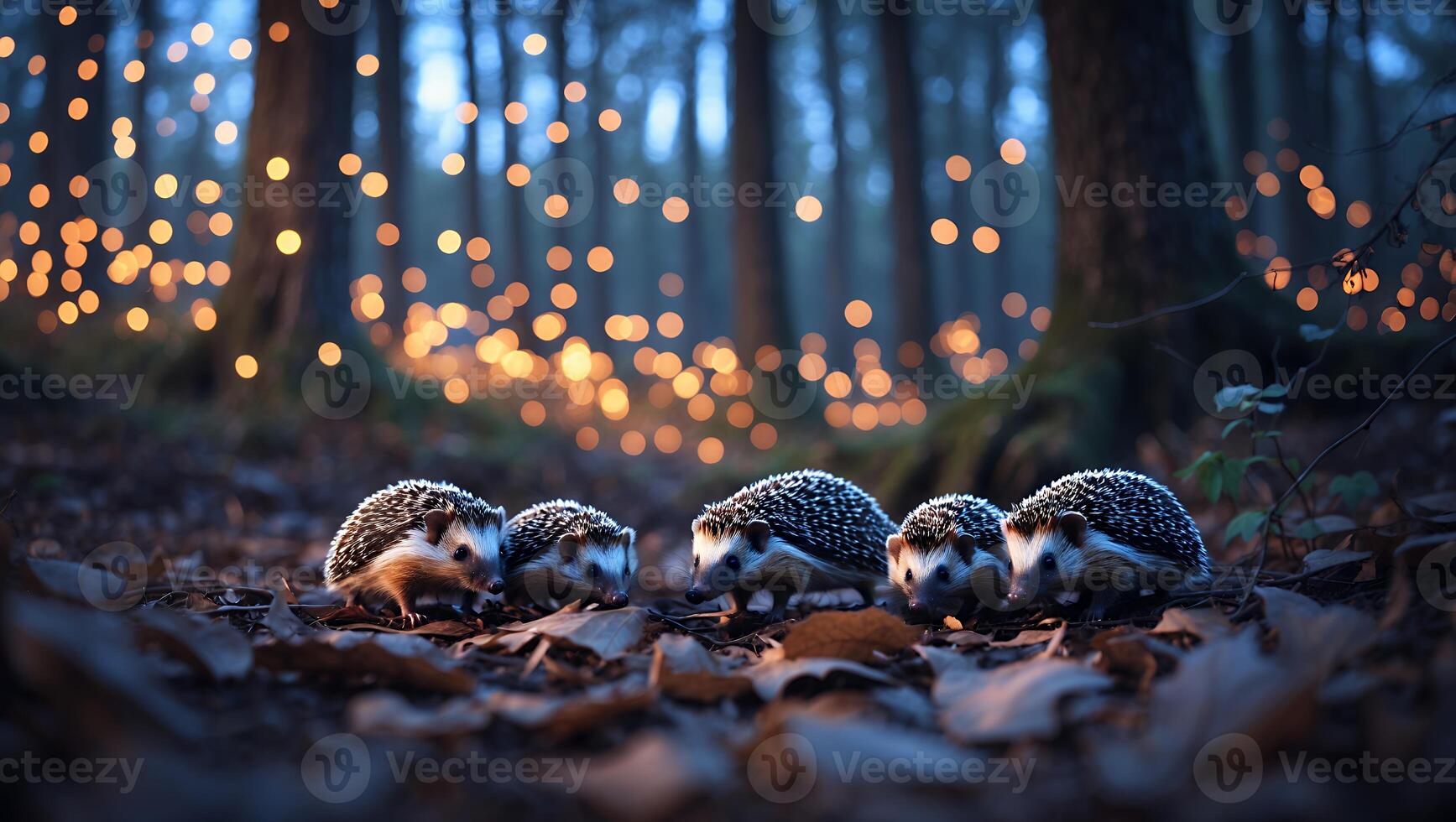 Group of Hedgehogs Foraging in Forest with Bokeh Light Background photo