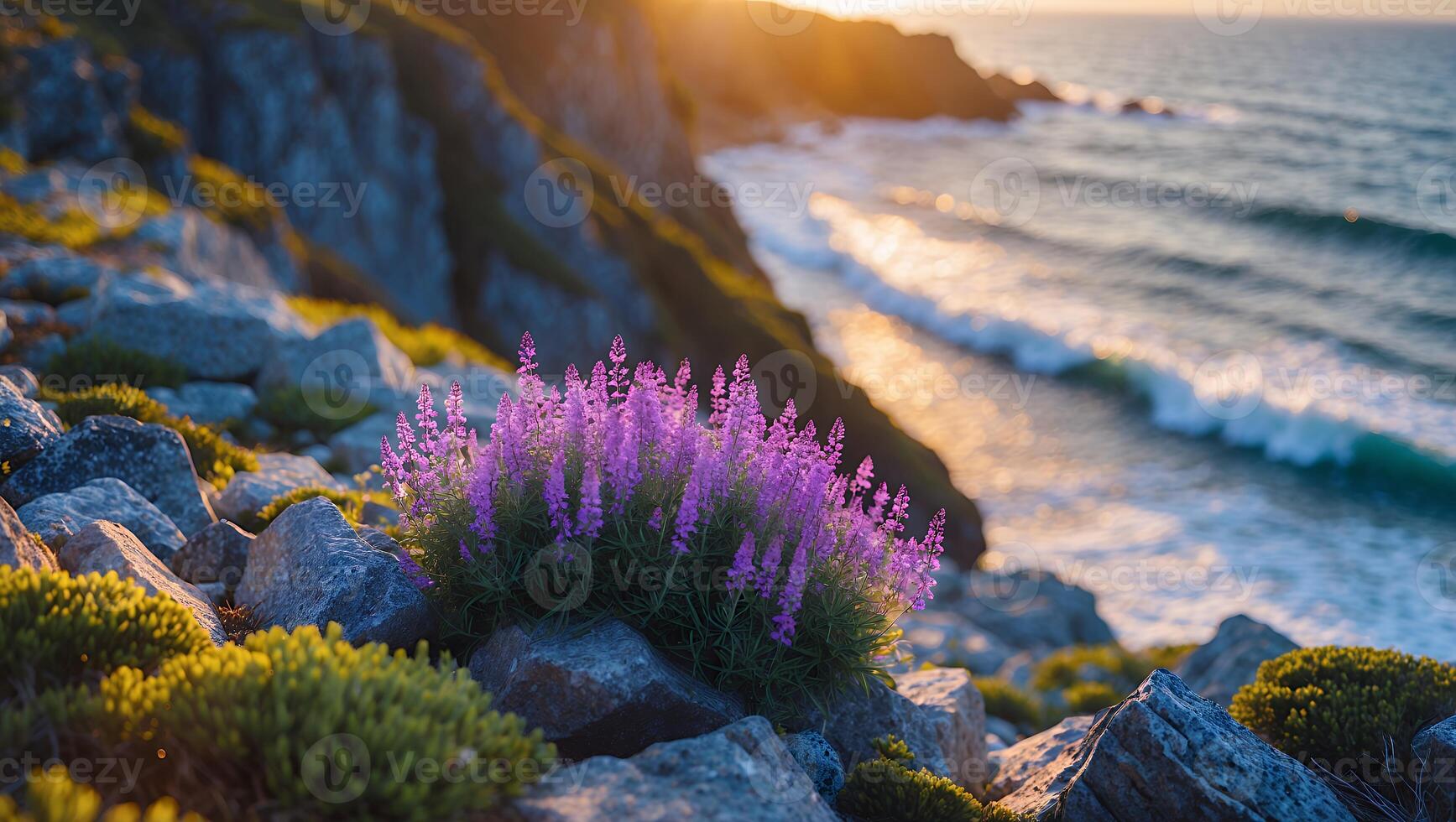 Purple Coastal Flowers on Rocky Cliff Overlooking Ocean at Sunset photo