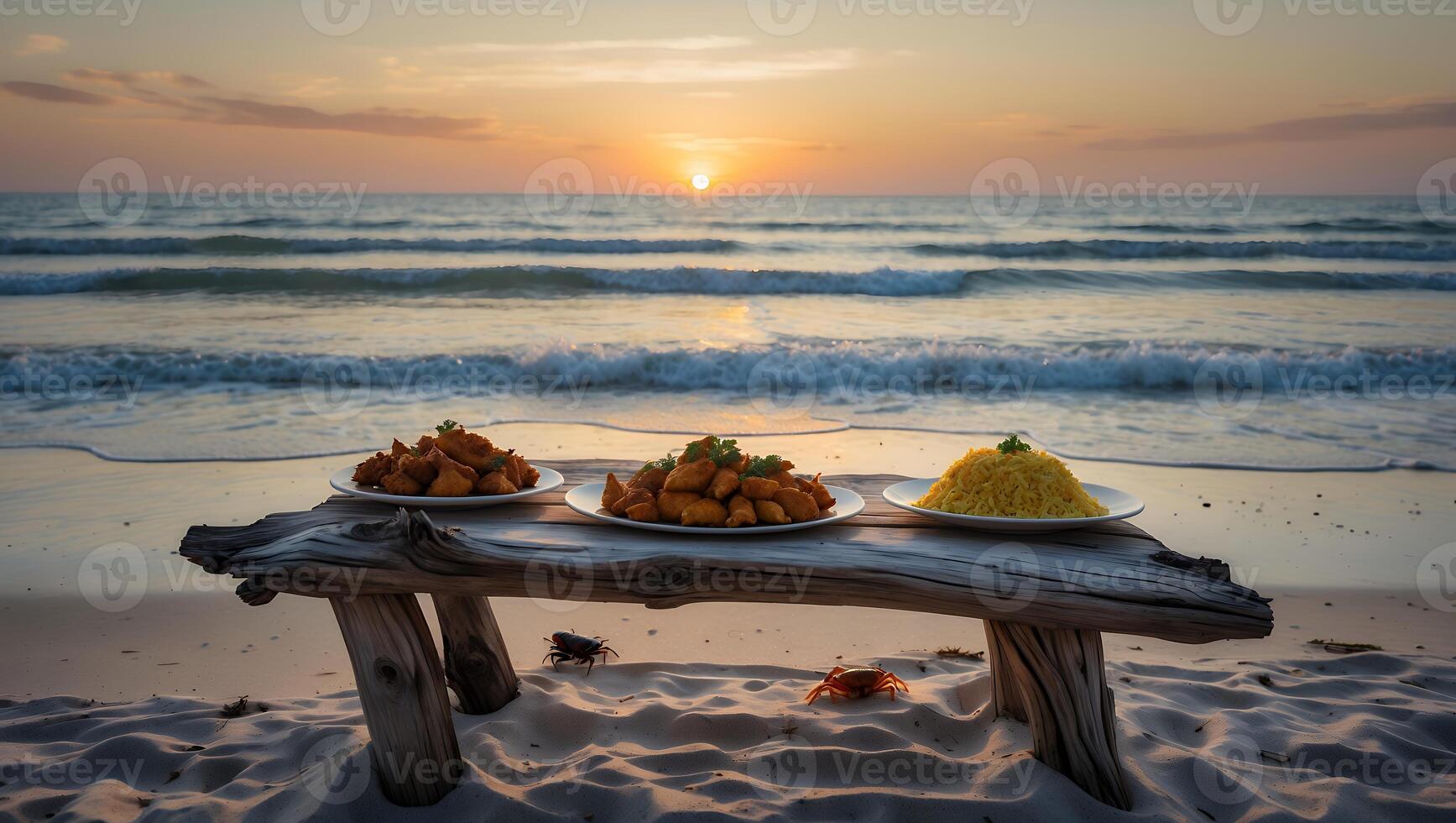 Food Plates on Beach Table at Sunset with Ocean View photo
