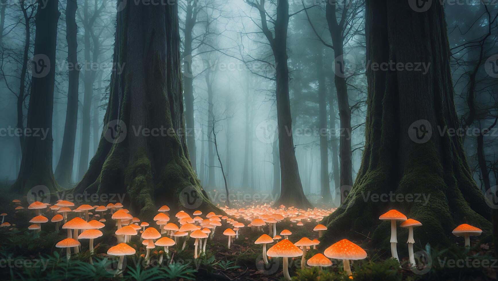 Glowing Mushrooms in Forest Scene with Fog and Large Trees photo