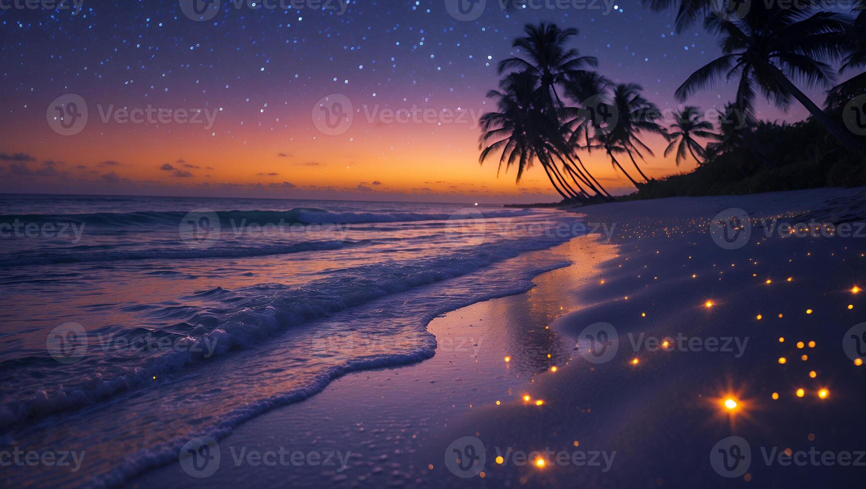 Tropical Beach Sunset with Palm Trees and Starry Sky Reflection photo