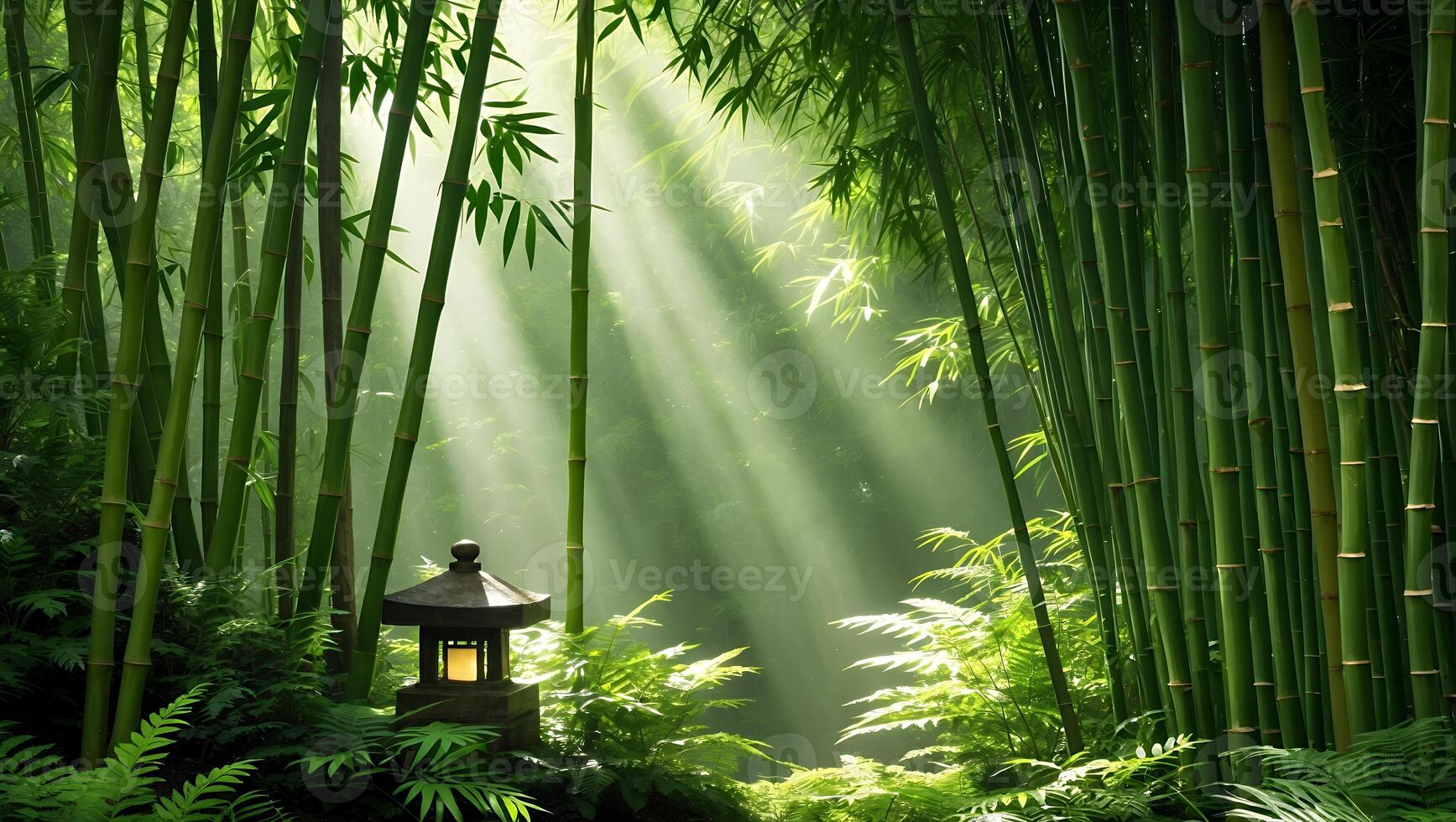 Tranquil Bamboo Forest with Sun Rays and Stone Lantern photo