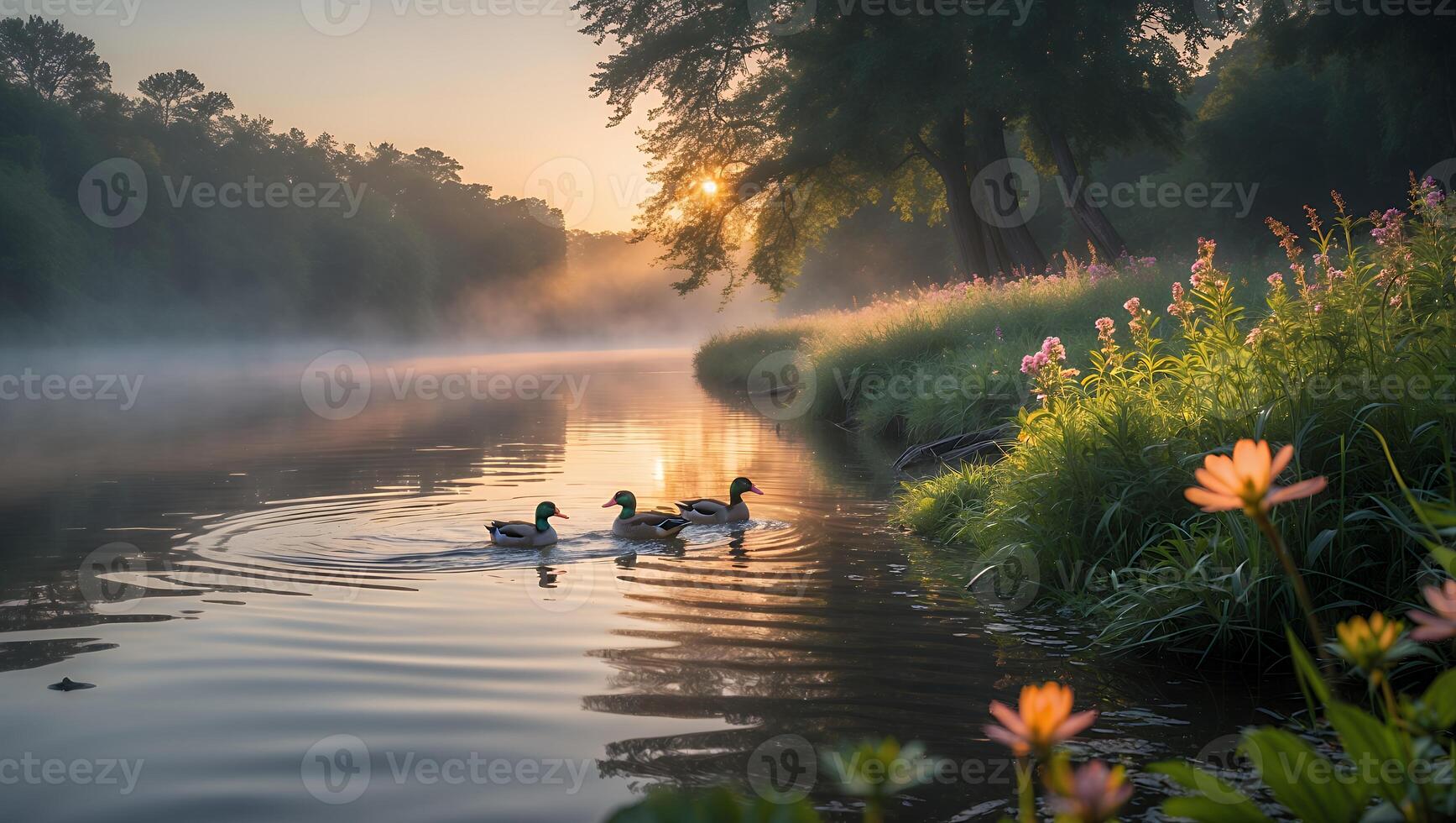 Ducks Swim in Misty River at Sunrise with Wildflowers Blooming photo