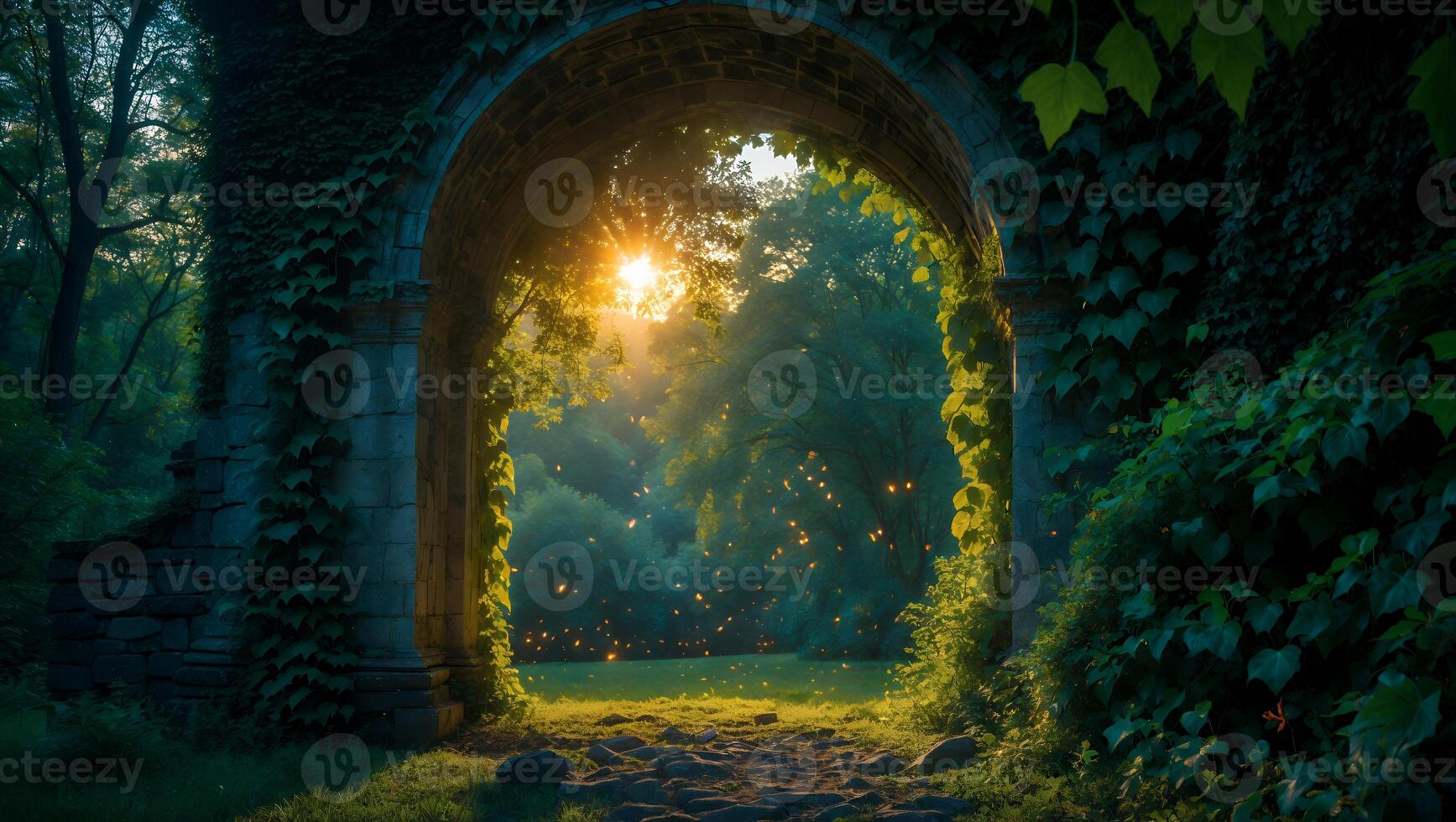 Entering Lush Forest Through Stone Archway at Golden Hour Sunlight photo