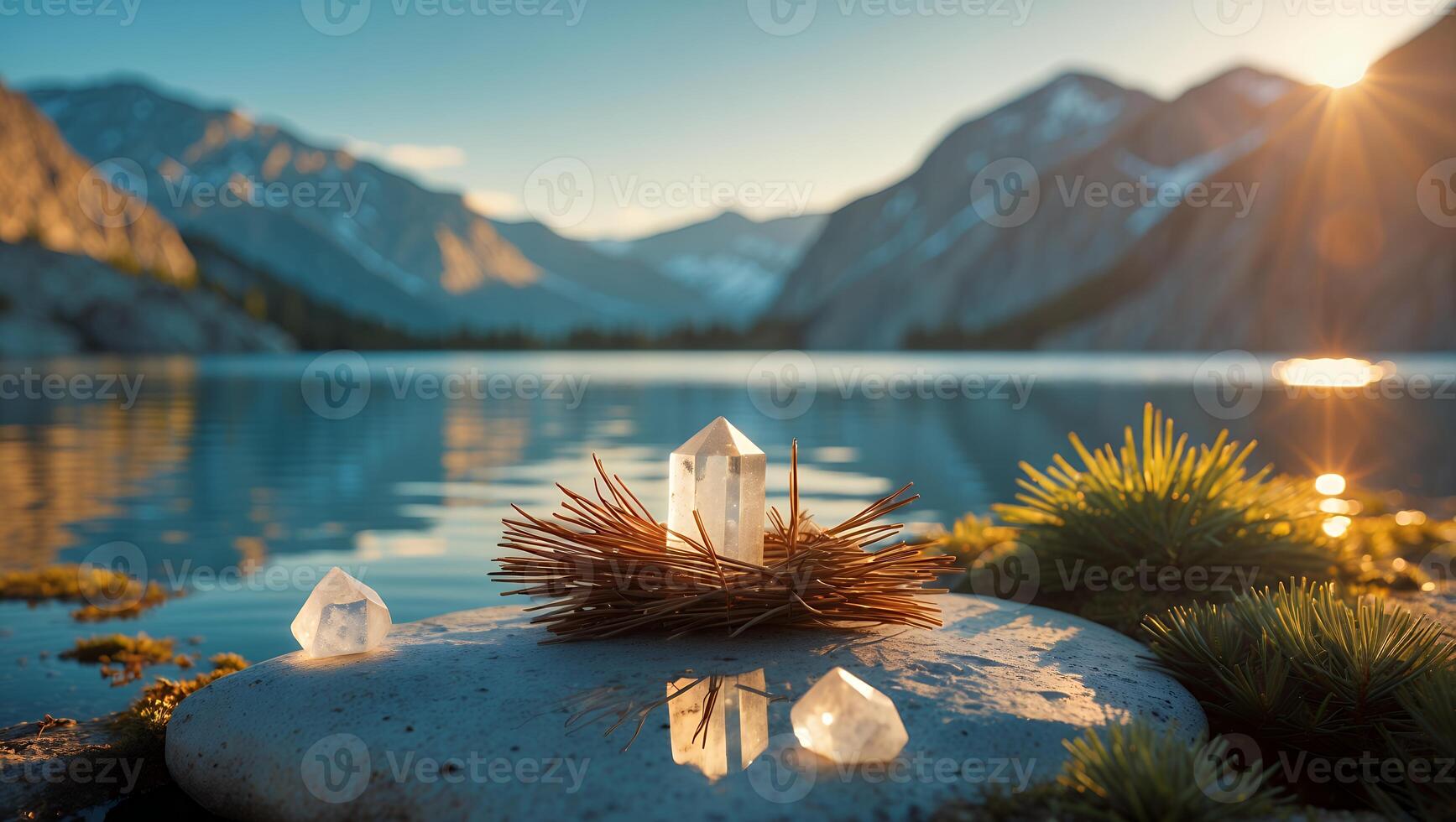 Crystal Healing on Lakeside Rock Formation with Mountain Backdrop Sunset photo