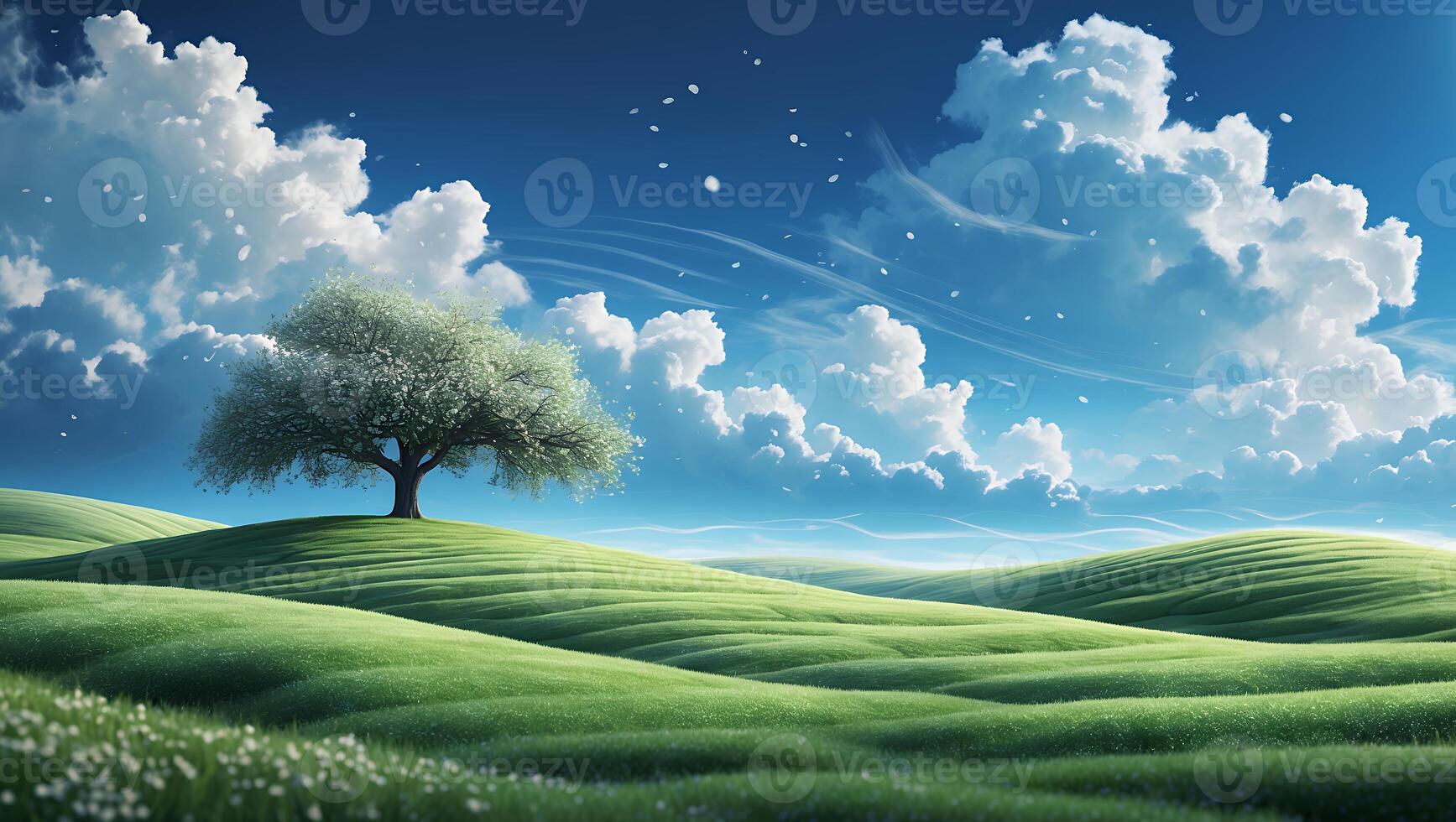 Solitary Tree Standing in Green Field with Cloudy Blue Sky photo