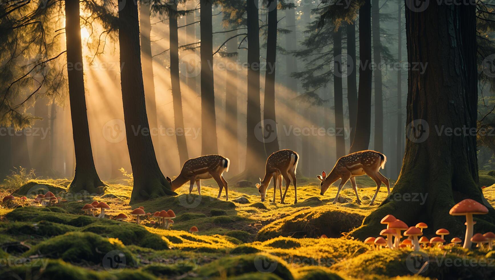 Deer Grazing in Forest with Sunbeams and Mushrooms on Mossy Ground photo