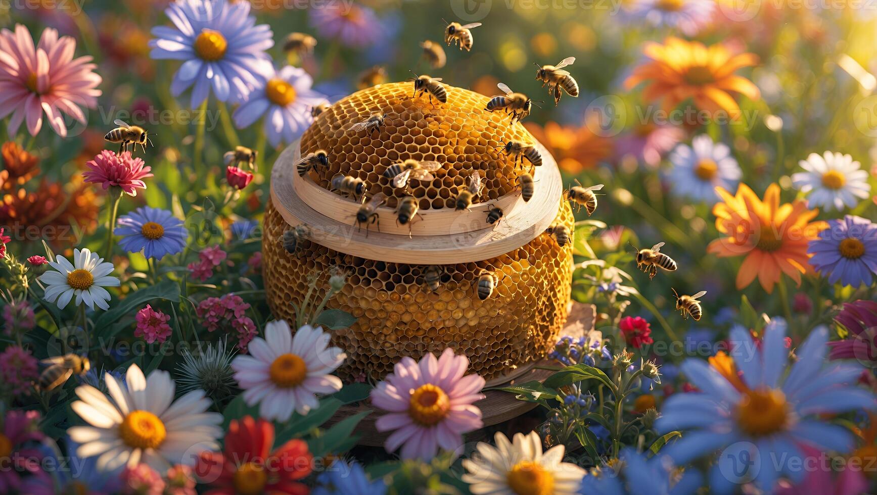 Bees Gathering on Honeycomb in a Flower Field at Golden Hour photo