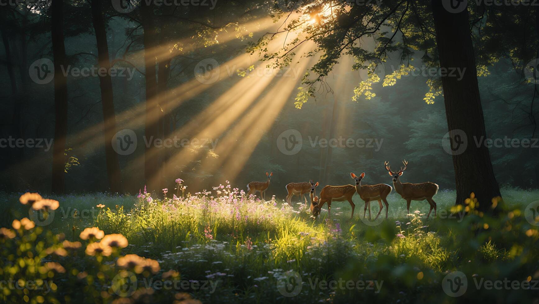 Deer Grazing in Forest Meadow with Dramatic Sun Rays Shining Through photo