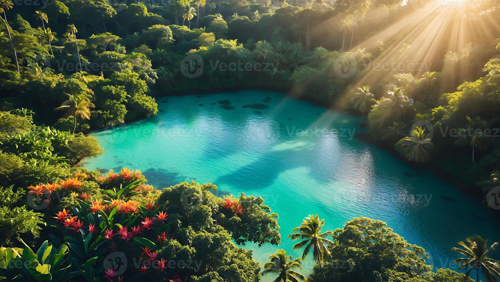 Turquoise Lake Surrounded by Tropical Forest with Sun Rays photo