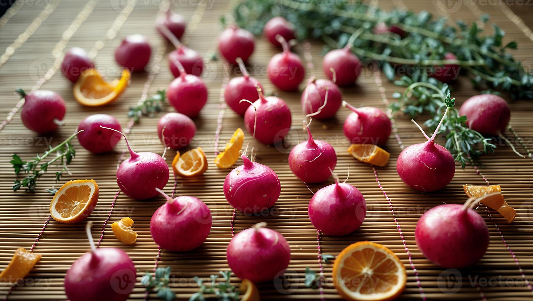Arrangement of Radishes, Orange Slices, and Herbs on Bamboo Mat photo