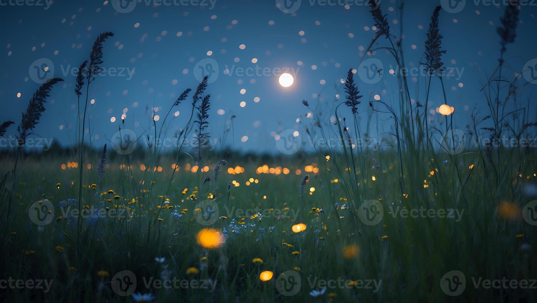 Night Meadow Twinkling Lights with Tall Grass and Distant Moon photo