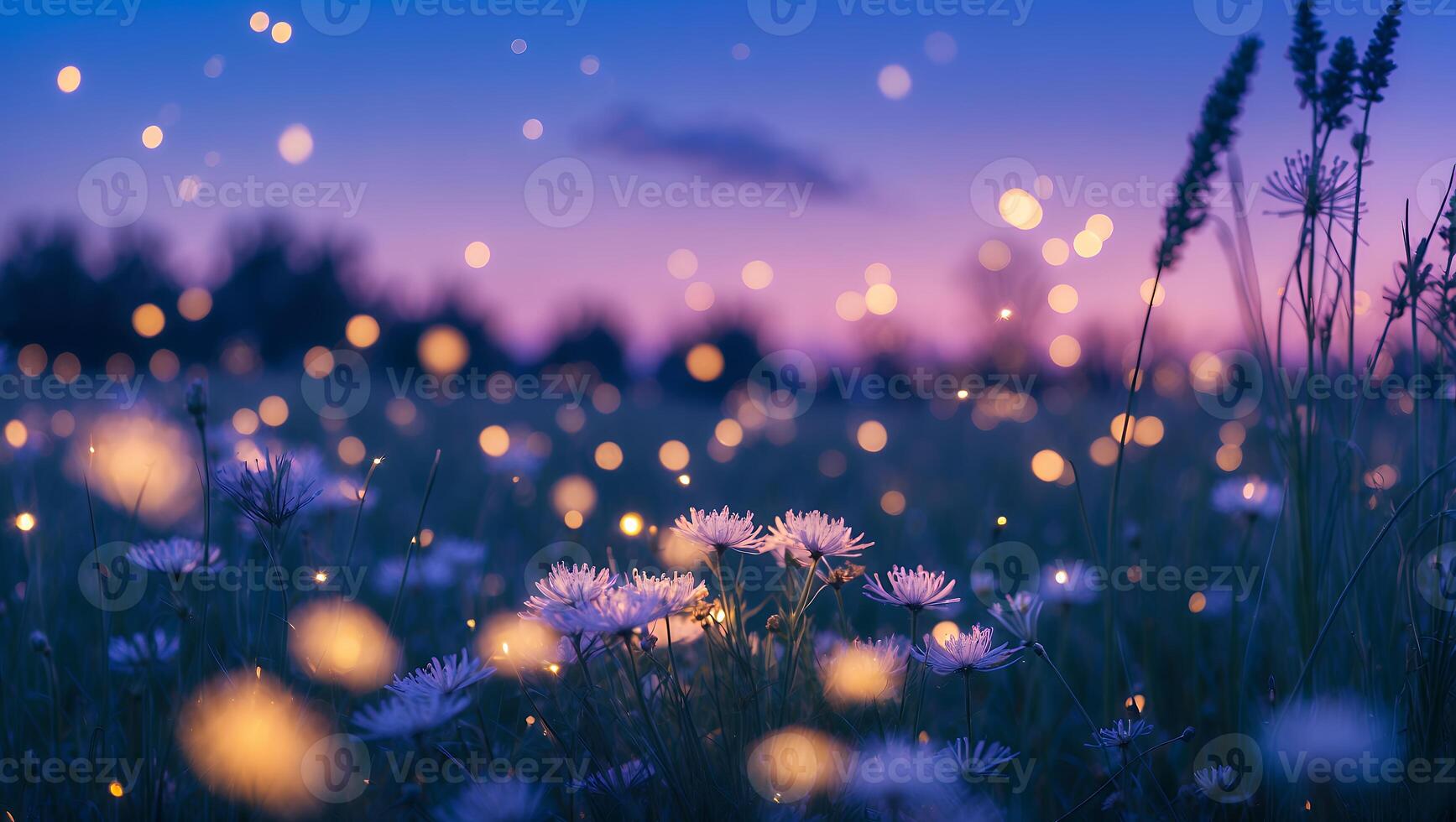 Wildflower Meadow at Twilight with Sparkling Light Effects and Purple Sky photo