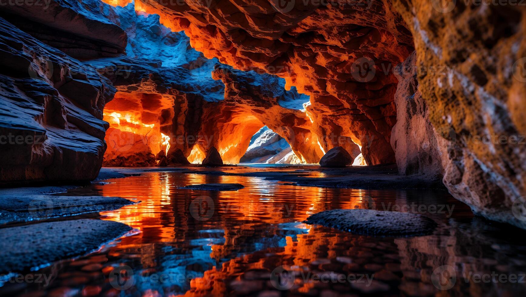 Exploring Mysterious Cave Reflection with Water and Stone Formations photo