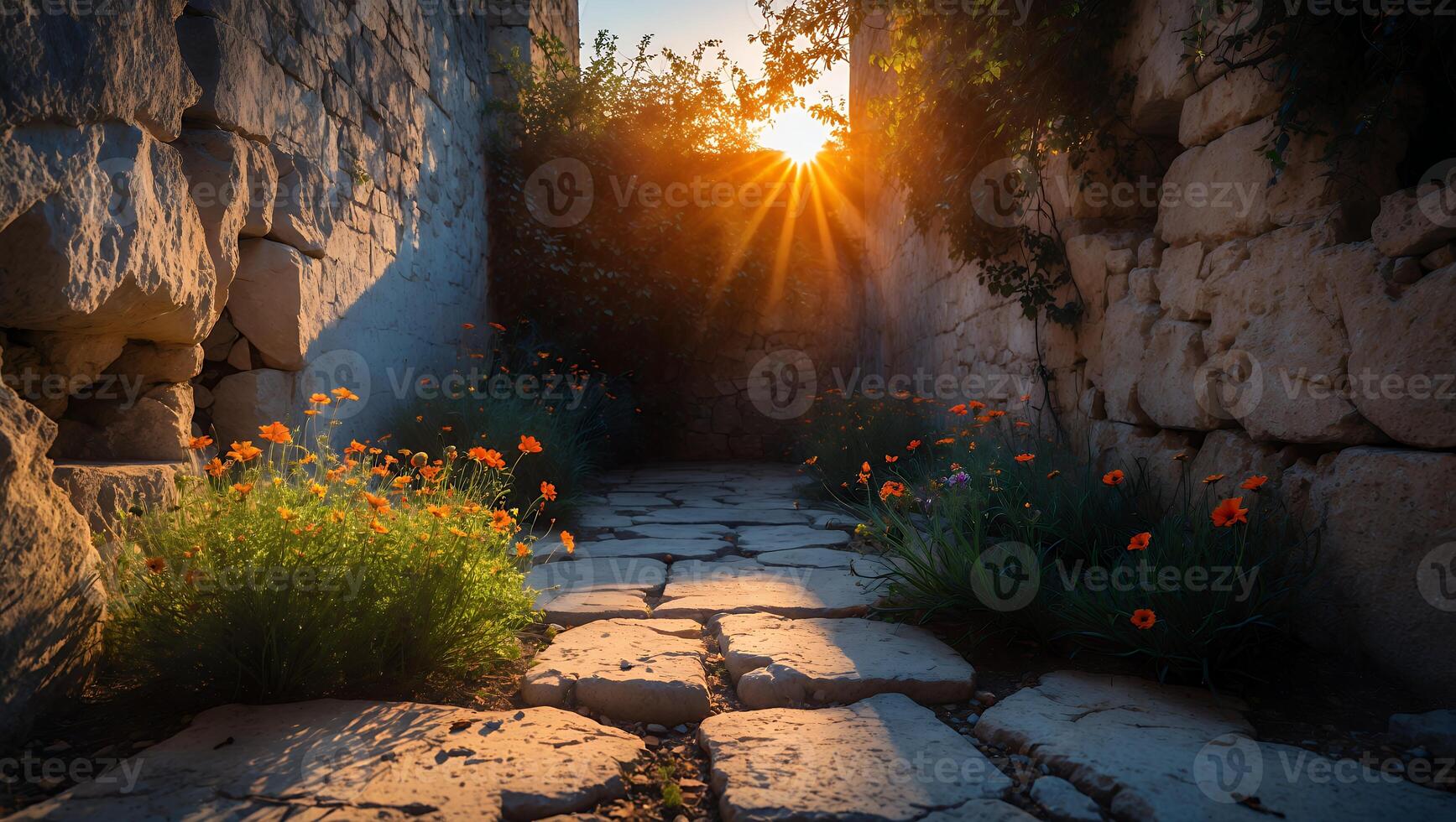 Walking Stone Path Through Old Walls with Sunlight and Wildflowers photo
