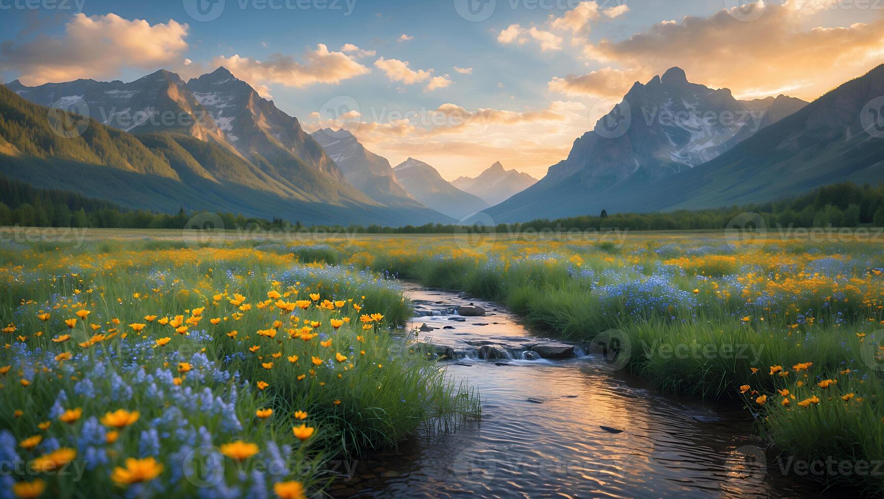 Flowing Stream Through Meadow with Flowers and Mountains at Sunset photo