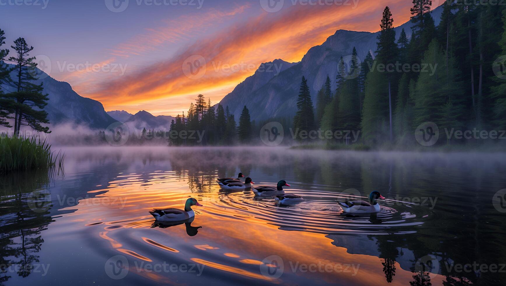 Ducks Swimming on Calm Lake at Sunrise Reflecting Mountains and Sky photo