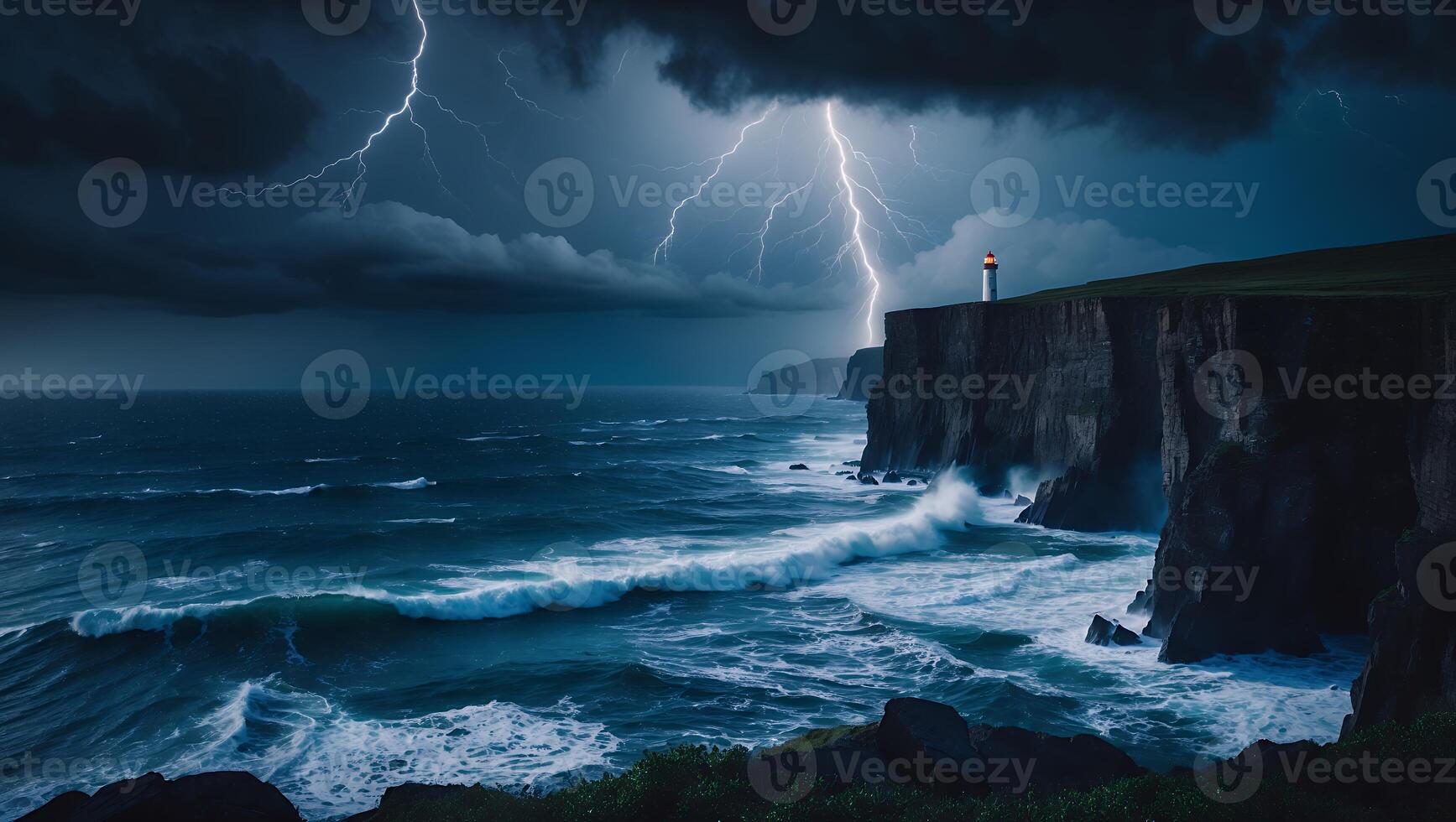 Lighthouse on Cliff During Thunderstorm with Ocean Waves Crashing photo