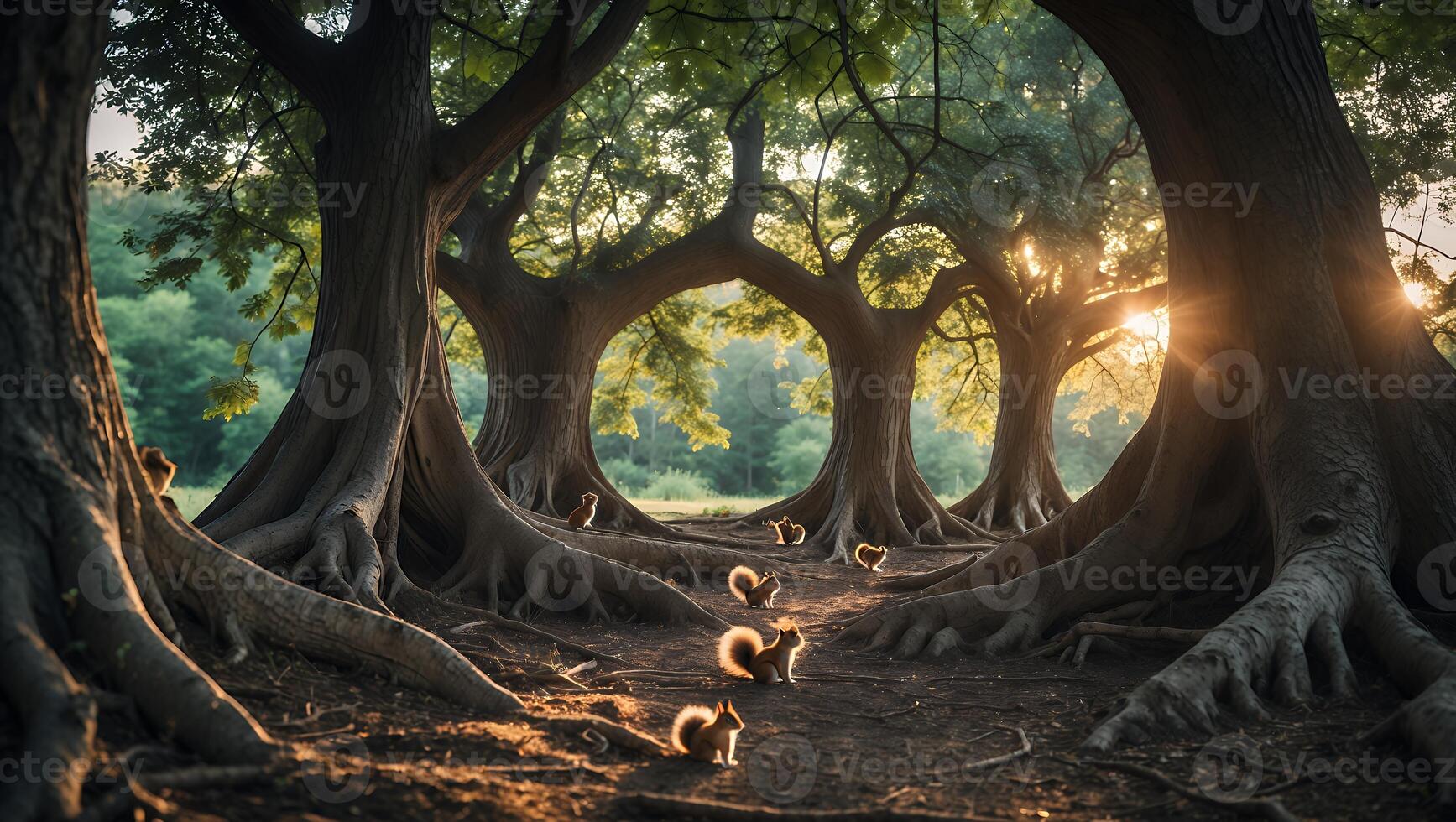 Squirrels Gathering Under Large Trees with Sunlight Shining Through Branches photo