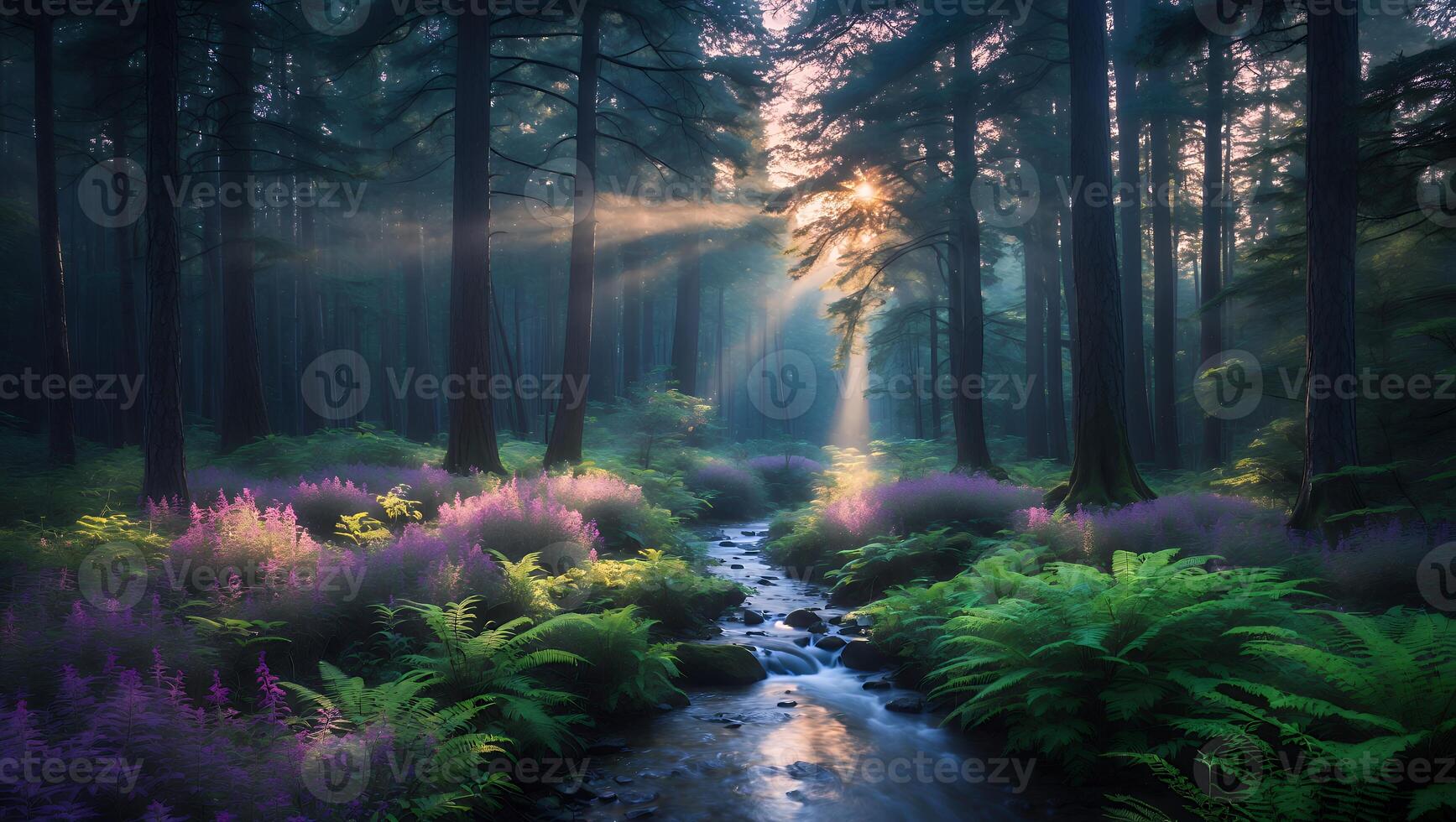 Sunlight Streaming Through Forest Trees Over Stream with Purple Flowers photo