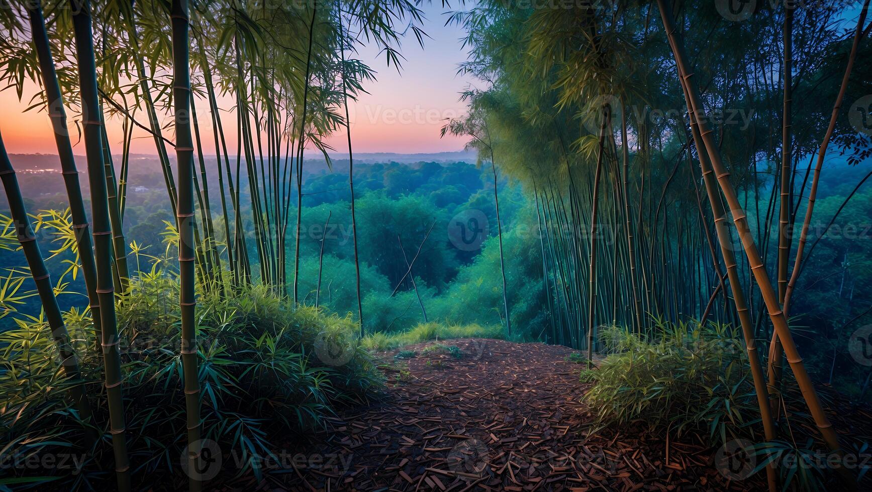 Walking Through Bamboo Forest Trail at Dusk with Vibrant Sky photo