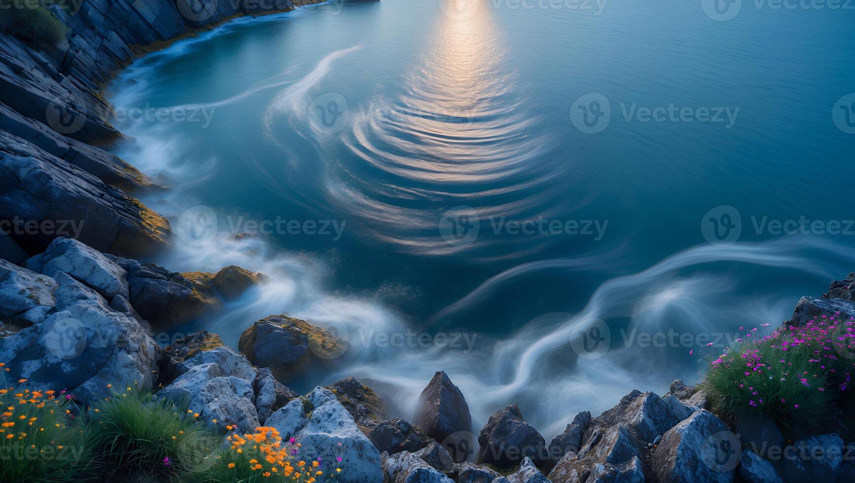 Ocean Waves Crashing on Rocky Shoreline with Floral Accents at Sunset photo