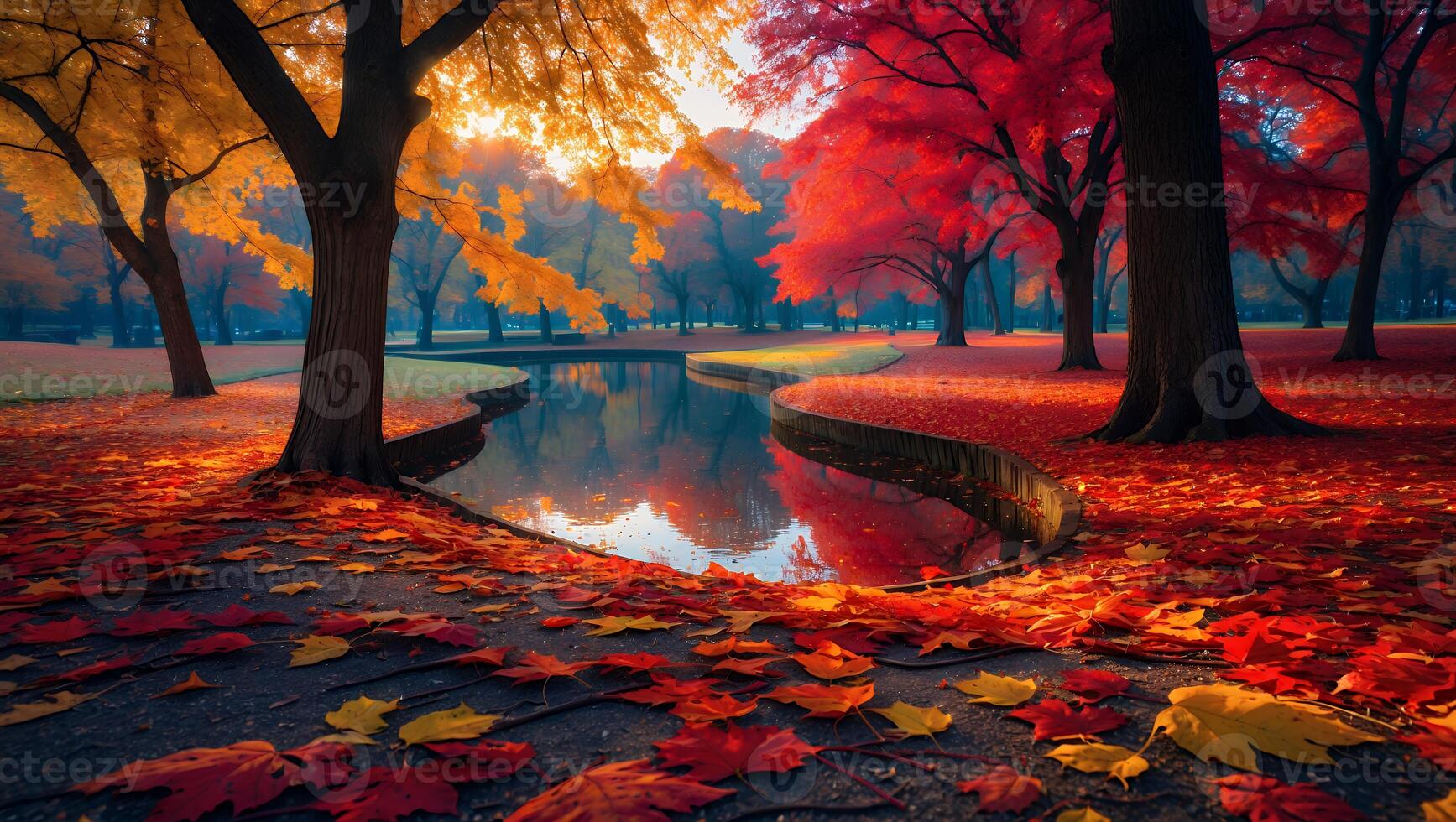 Walking Through Autumn Trees and Reflecting Pond with Colorful Leaves photo